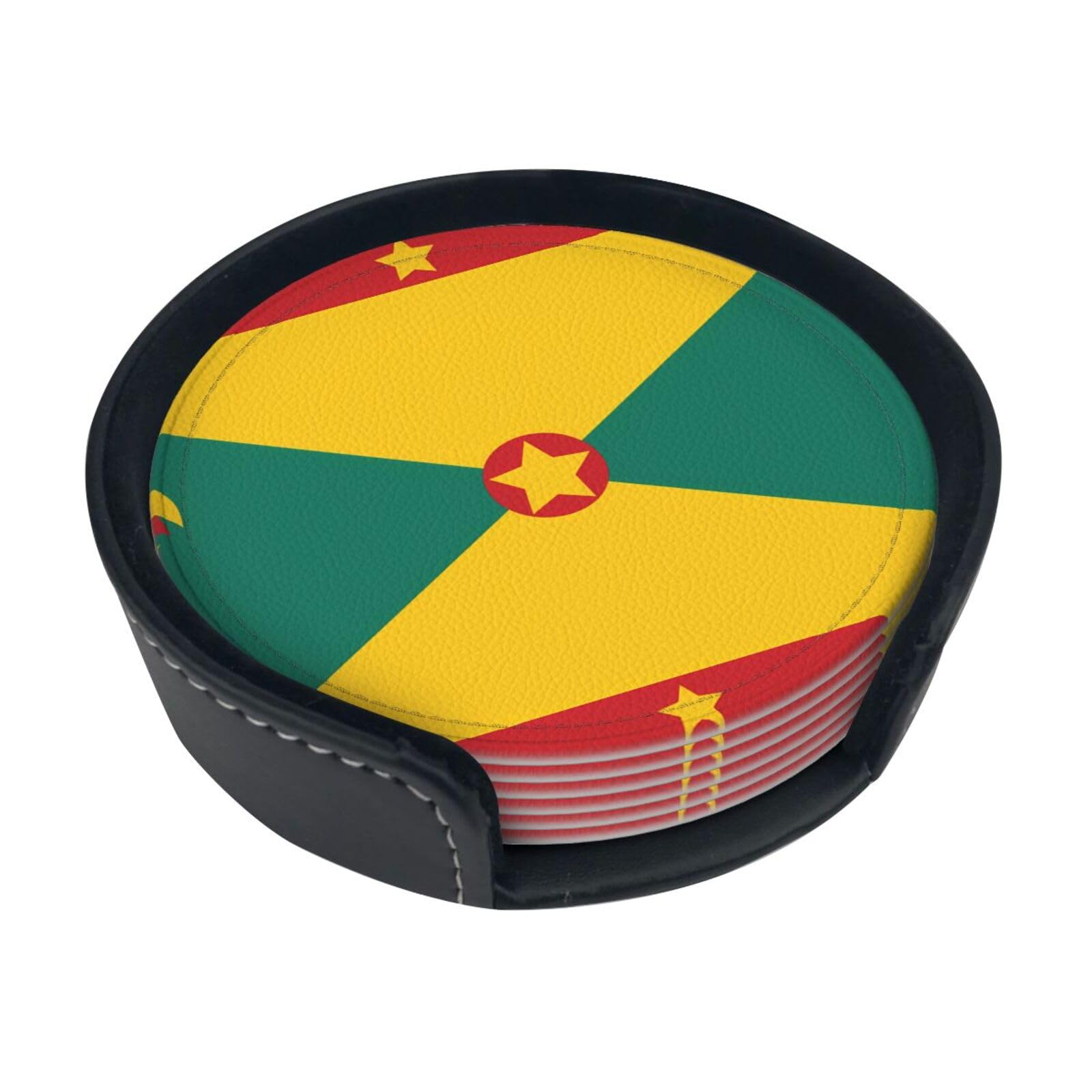 Cntdbu White Flag Of Grenada Leather Coasters Set Of 6-Pu Leather Drink Mats For Table, Heat Resistant Round Coasters With Holder