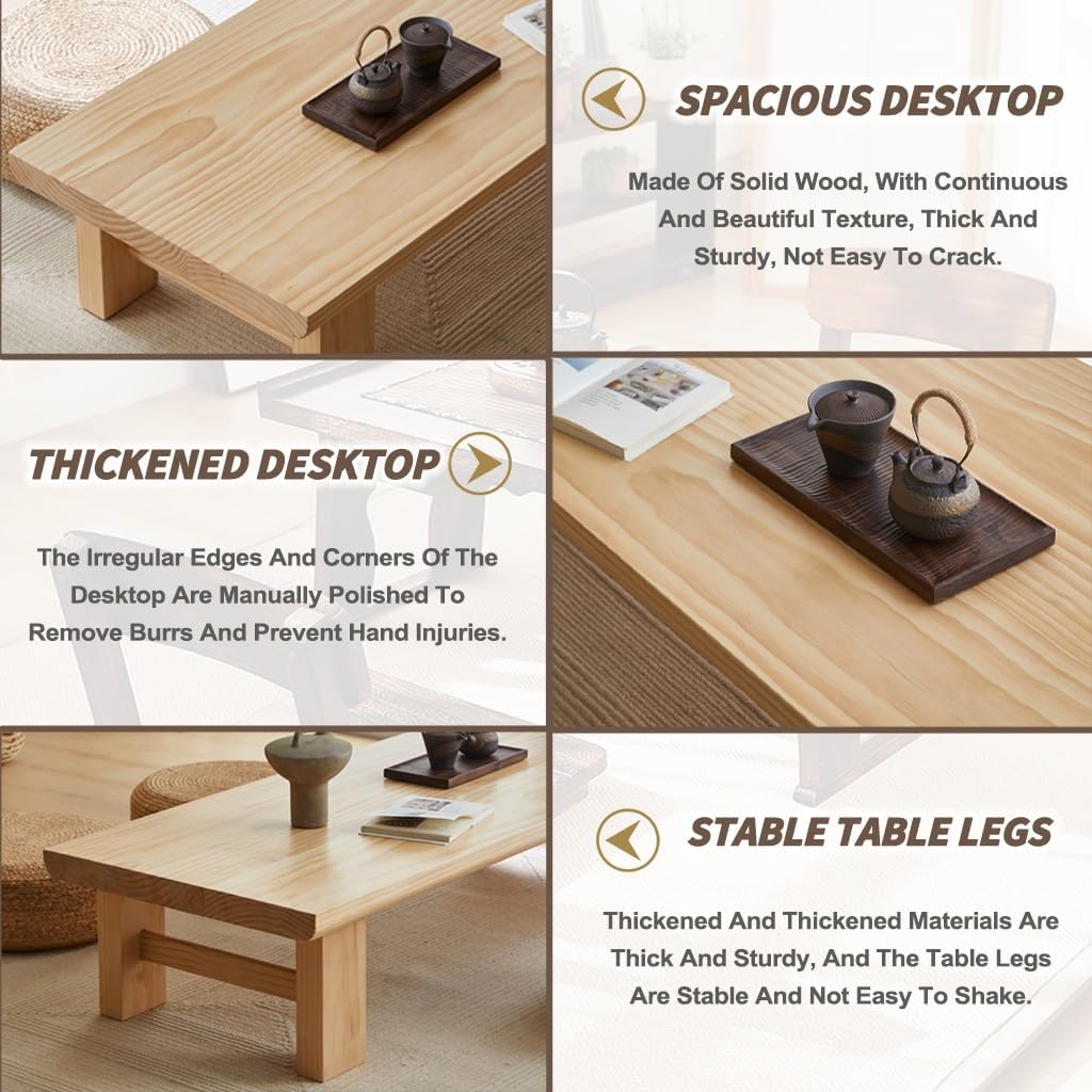 Japanese Floor Table, Vintage Tea Table Low Table,Rectangular Style Tatami Table, or Sitting on The Floor Accent Furniture(A,80x50x38cm)