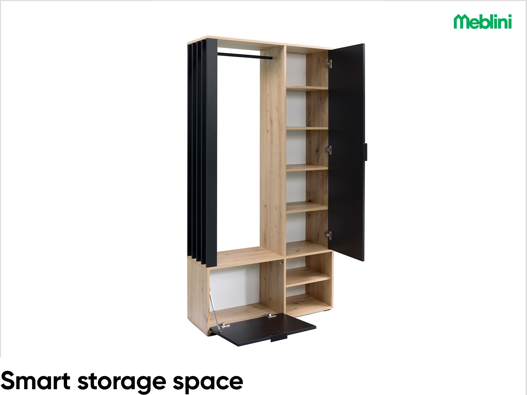MEBLINI Garderobenschrank Flur mit Spiegel - Garderobe Schrank - Flurgarderobe schmal - Garderobe Flur Möbel Set - Flurschrank hoch - Milano - 100x33x190cm R/L - Artisan Eiche mit Sitzbank