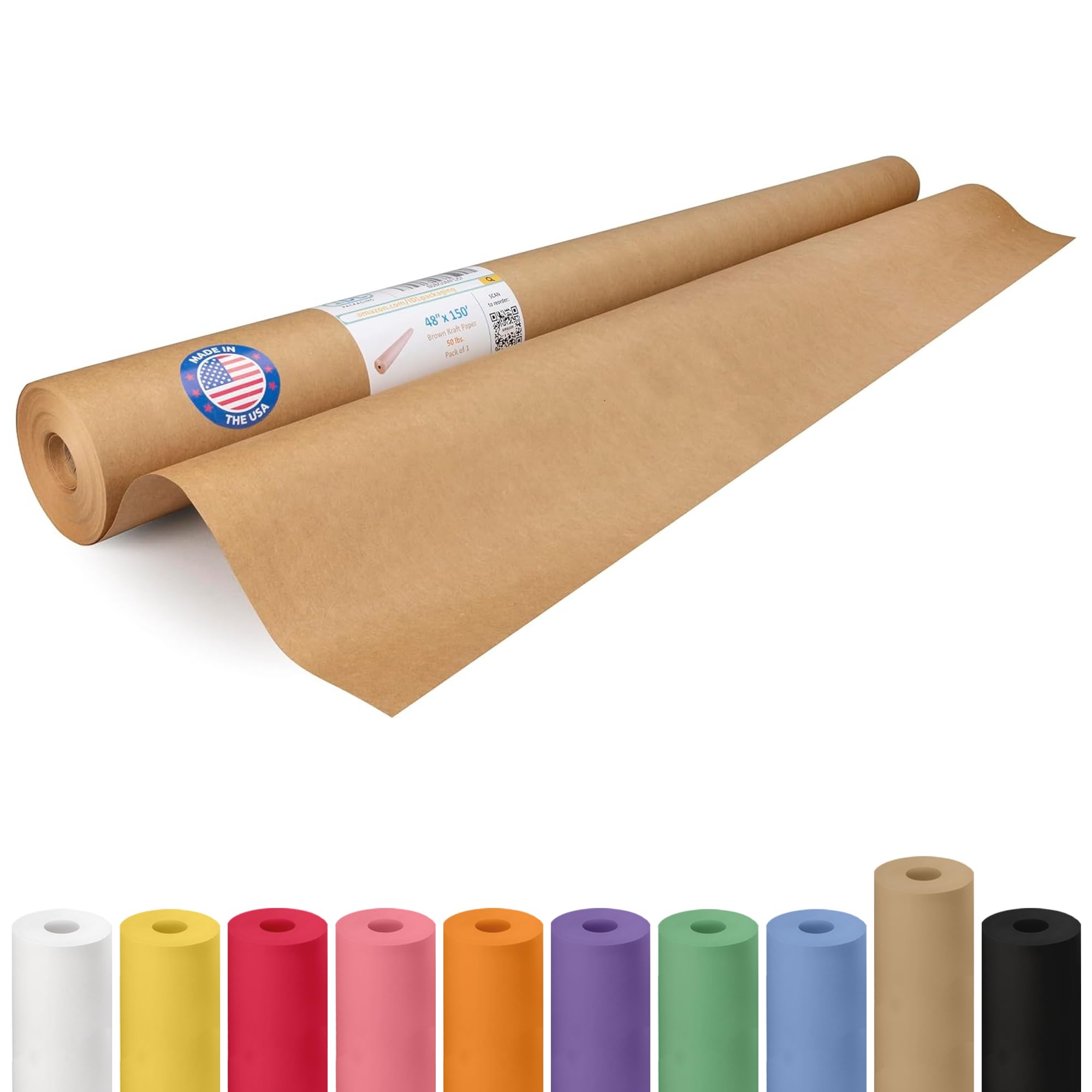 IDL Packaging Rollo de papel kraft marrón de 48 pulgadas x 150 pies (1800 pulgadas), 50 libras (paquete de 1), papel resistente para embalar, mudanza, envío, manualidades, papel de regalo natural 100%