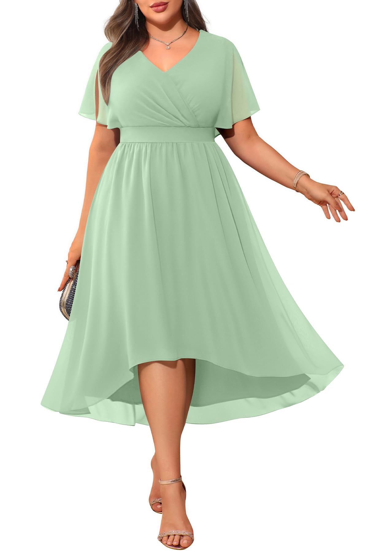 Pinup Fashion Plus Size Wedding Guest Dress Women - Formal Cocktail Evening Bridesmaid Chiffon High Low Midi Dresses