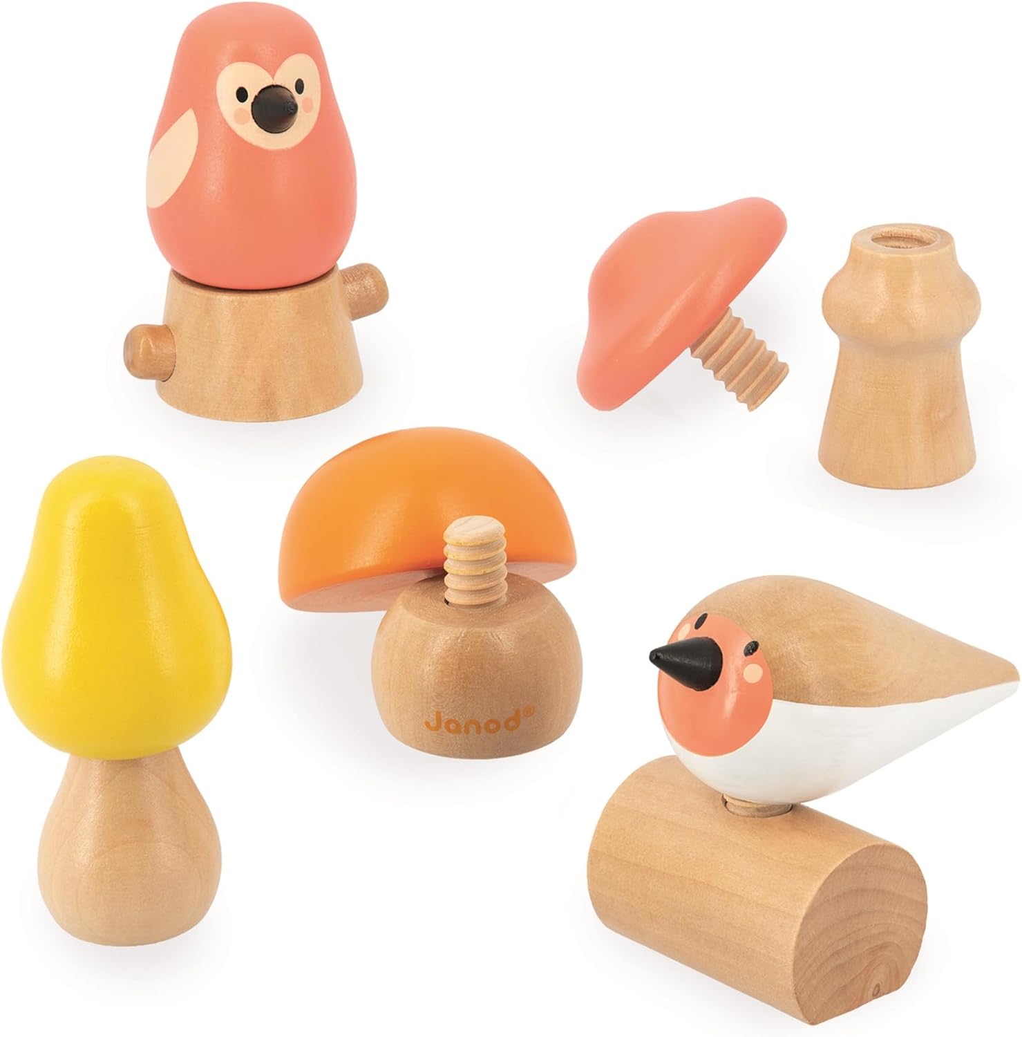 Janod 2 Birds and 3 Screw-On Mushrooms for Awakening and First Age Develops Dexterity - FSC-WWF Partnership Wooden Toy from 18 Months, Multicoloured, One Size