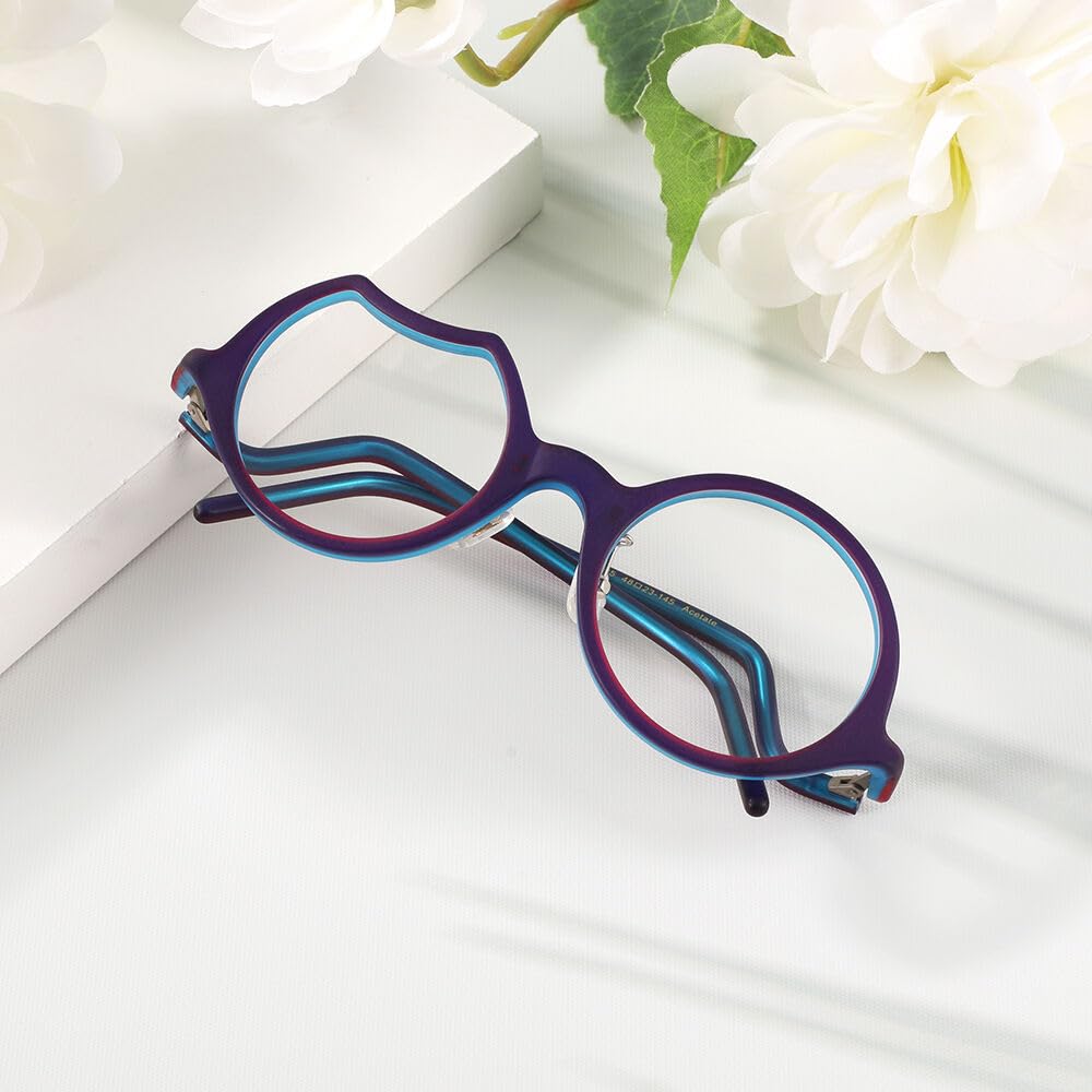 Quadrat Runden Lesebrille Acetat, Asymmetrischer Rahmen, Lesebrillen Blaulichtfilter Sicht Männer Frauen, Lesehilfe für Herren & Damen
