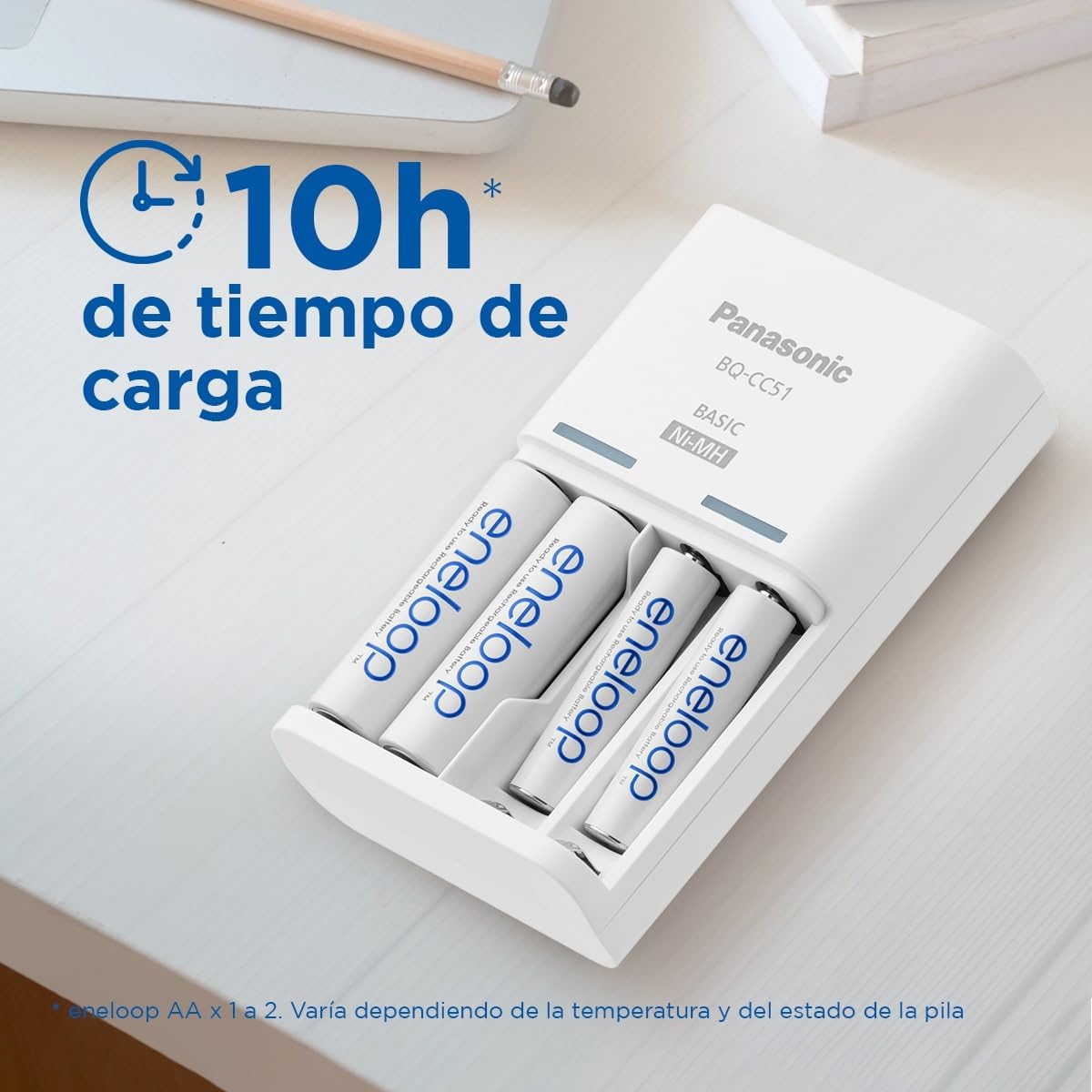 eneloop Basic. Cargador para 2 o 4 pilas AA/AAA Ni-MH con 4 pilas eneloop AAA/Micro de capacidad mejorada y 6 nuevas funciones de seguridad.