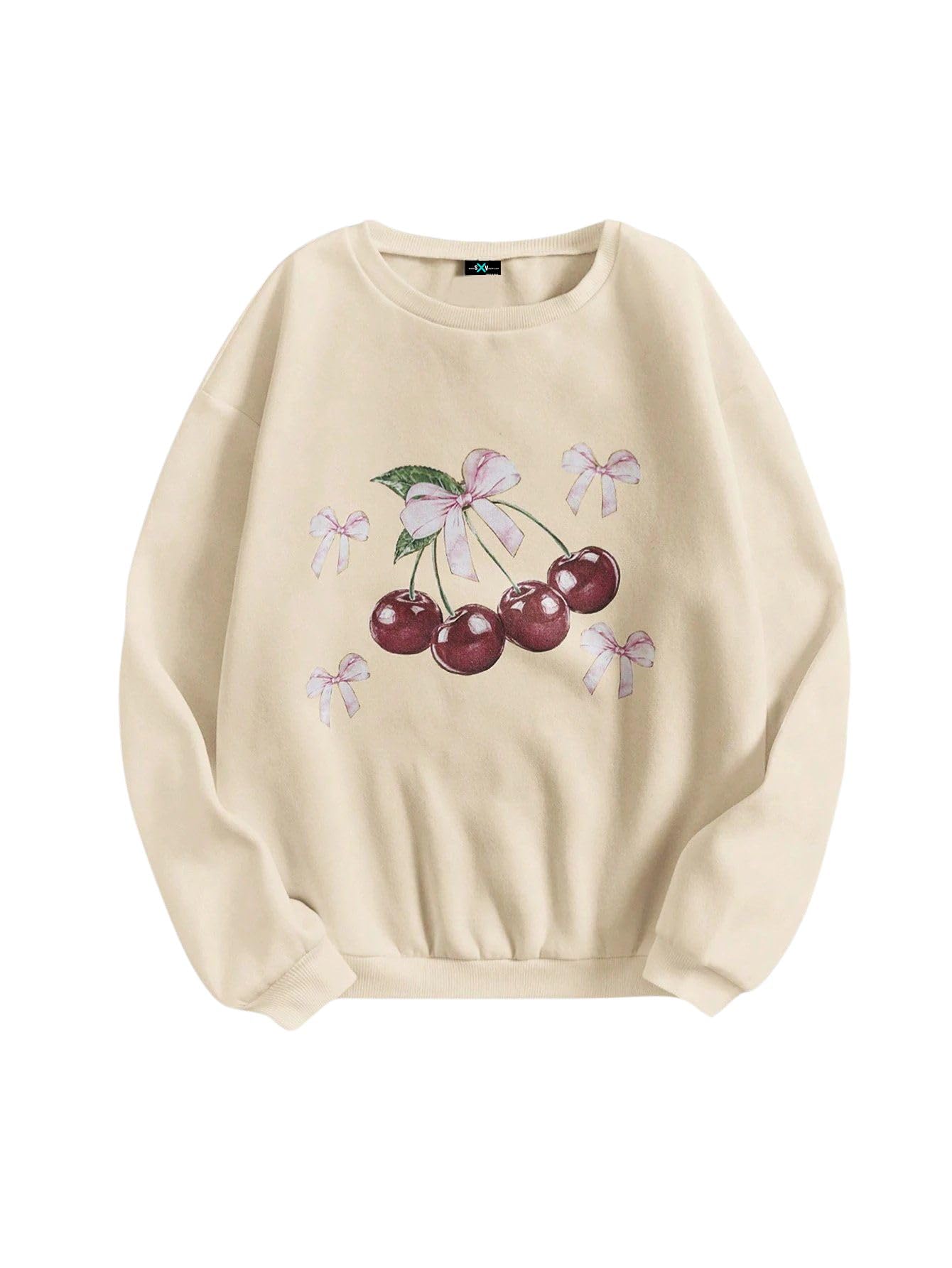 Cherry and Bow Print Sweatshirt, Beige, Long Sleeve, Round Neck, Casual Style-image-15