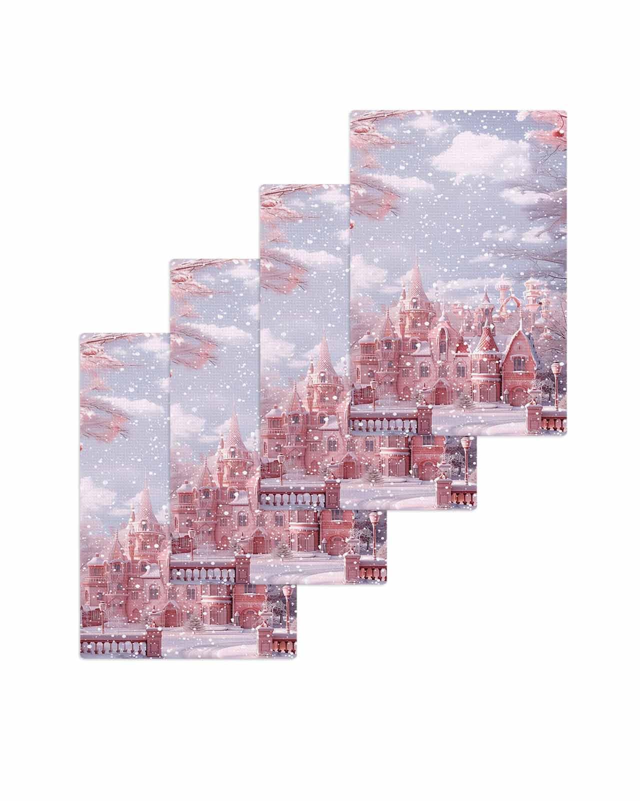 Hokiten Christmas Pink Waffle Kitchen Towels Dishcloths, Pink Town Snowflake Xmas Tree Absorbent Dish Towels | Hand Towels for Bathroom/Bar, 16 x 24 Inch, 4 Pcs