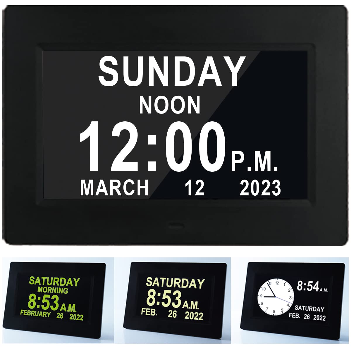 MASSII 7 Inchs Digital Clock Day Clock, Alarm Clock Wall Clock for Seniors Alzheimers Dementia Elderly (7" Black)