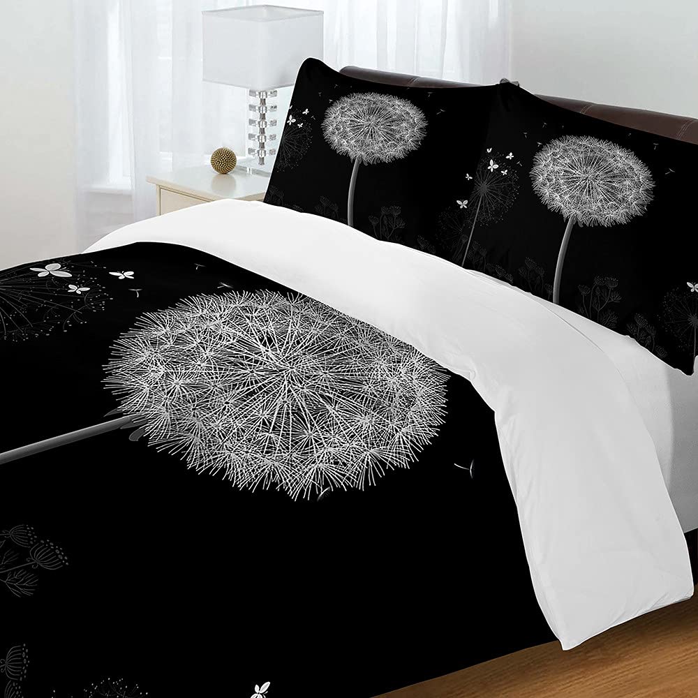 Surwin Men's Black Duvet Cover Sets 3Pcs For Single Double Size, Microfiber 3D Dandelion Bedding Set Include Plant Printed Quilt Cover And 2 Pillowcases For King Super King Bed (,Single 135X200cm)