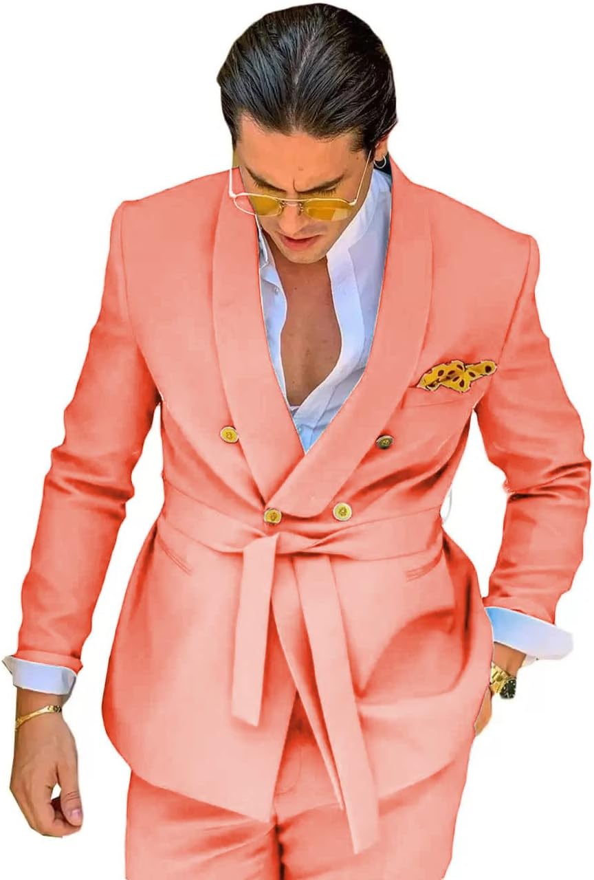 HZUOU Green Suits for Men 2 Piece Blazer Sets Double Breasted Belt Wedding Party Travel Suit Jacket+Pant HZH06