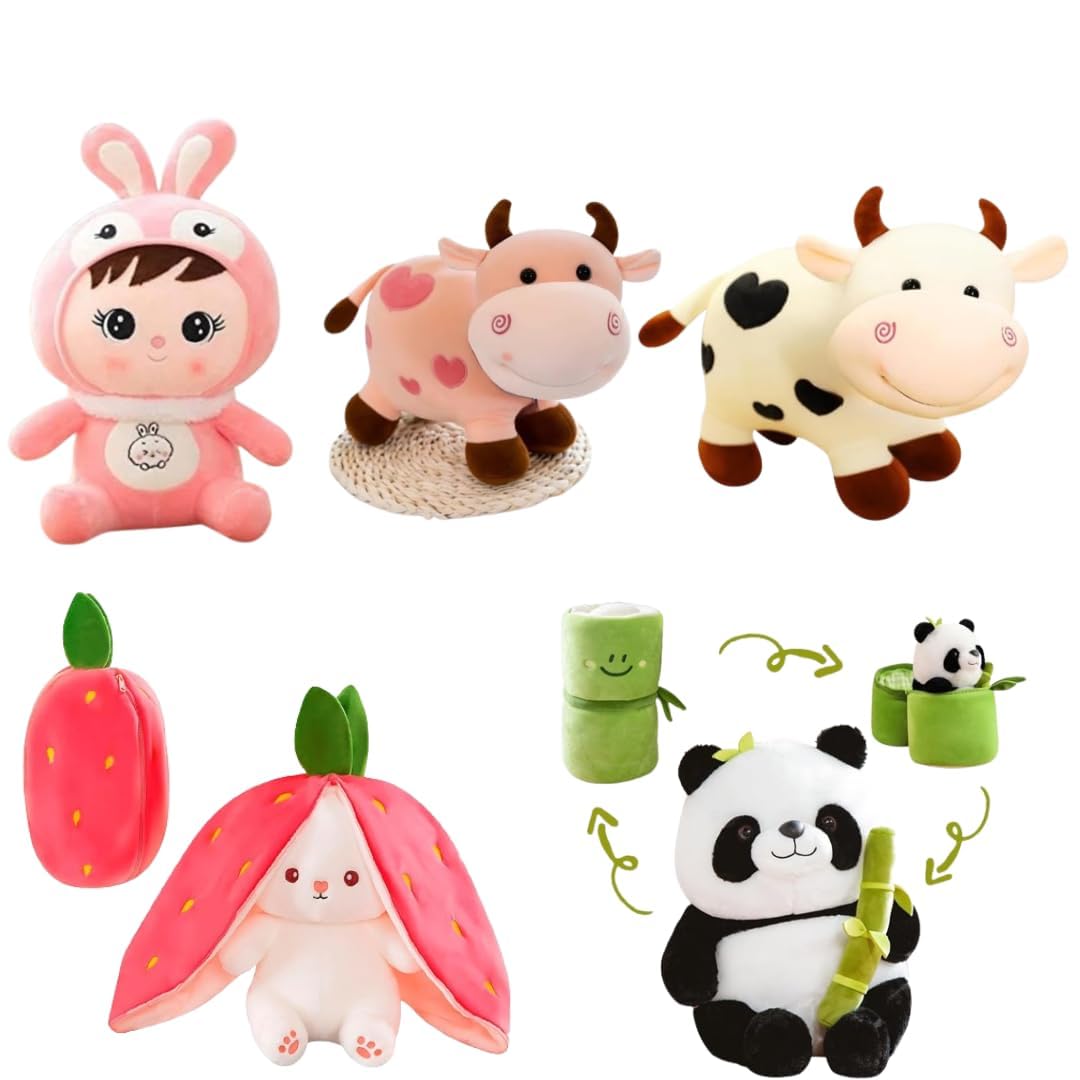 Tinytotem Combo of 5 plushie Reversible Strawberry Rabbit, Cute Bamboo Panda,Milky Moo Cow, Baby Bunny Doll Plush Soft Toys Stuffed Animals Toy Plushies Doll Gifts for Kids Girls Boys Birthday (B0DFPX21T8) Amazon Price History, Amazon Price Tracker