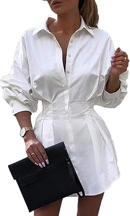 white cinched waist shirt dress