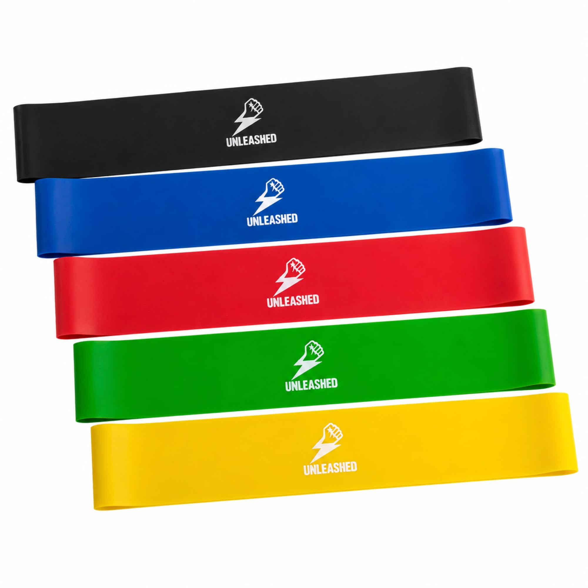 Unleashed Resistance Bands Set of 5 - Exercise Bands Resistance for Women and Men - Resistance Band for Legs, Strength Training, Workout, Yoga, Pilates and Home Fitness (Yellow,Red,Green,Blue,Black)