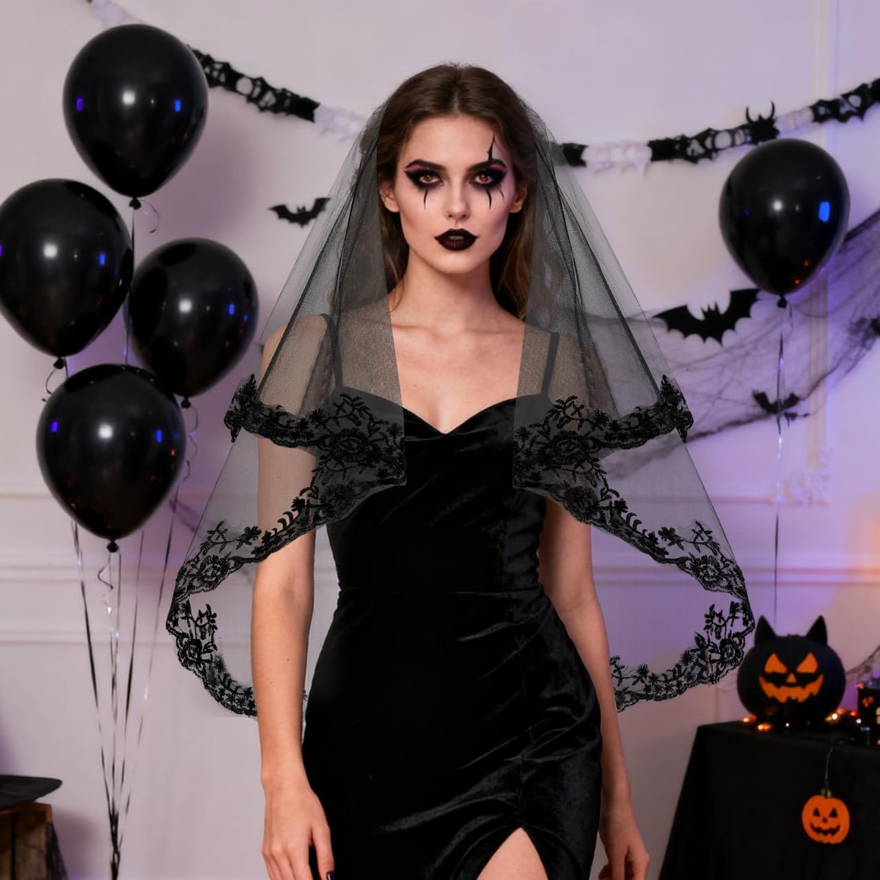 STOBOK Black lace veil Bride Halloween Bridal Black Lace Long Veils with Comb Gothic Wedding Accessory for Costume Party and Special Occasions 31X51 Inches - Image 2