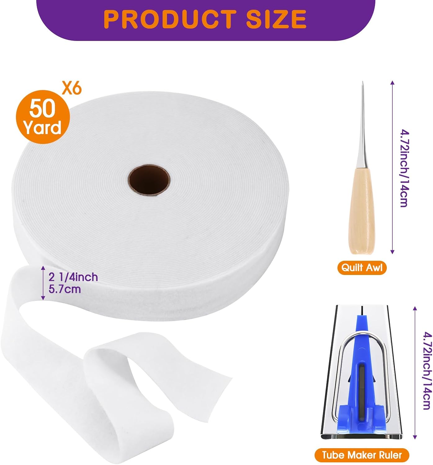 6 Rolls Jelly Roll Batting Strips for Rugs, Jelly Roll Fabric 2 1/4 Inch Total 300 Yards Cotton Blend Quilt Batting with Accessories Sasher Tool Awl Tube Maker Ruler Quilting for Upholstery Projects