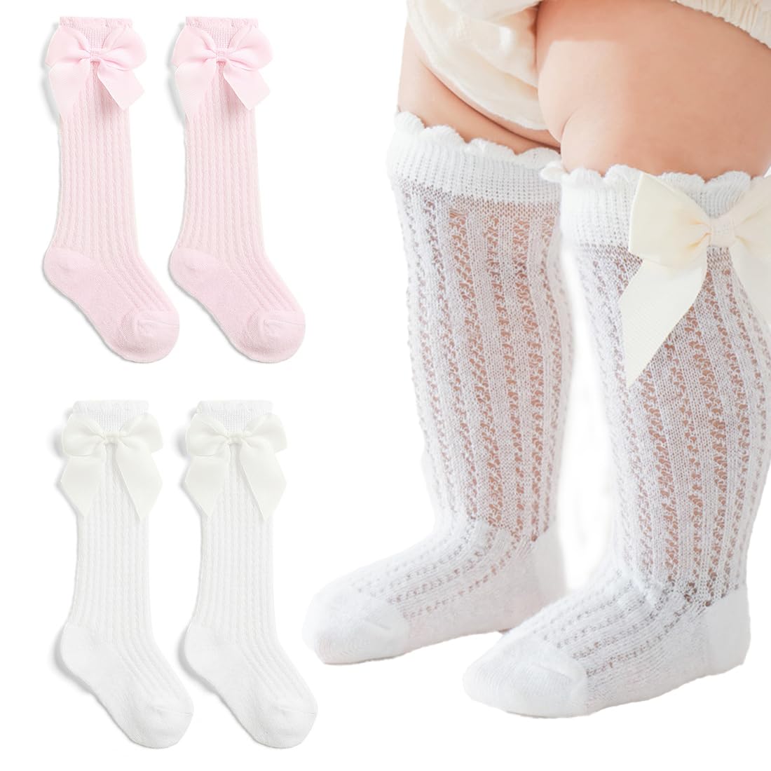 XBFOCNH 2 pares de calcetines altos para niñas,Calcetines altos para niñas,Suaves y agradables a la piel,Adecuados para niños y bebés