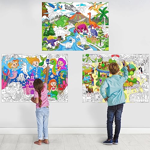 3Pack Large Coloring Poster for Kids, Giant Coloring Poster with Dinasour, Mermaid, Zoo Animal for Class Home Activities, Party Favors (43.3 x 31.5in)
