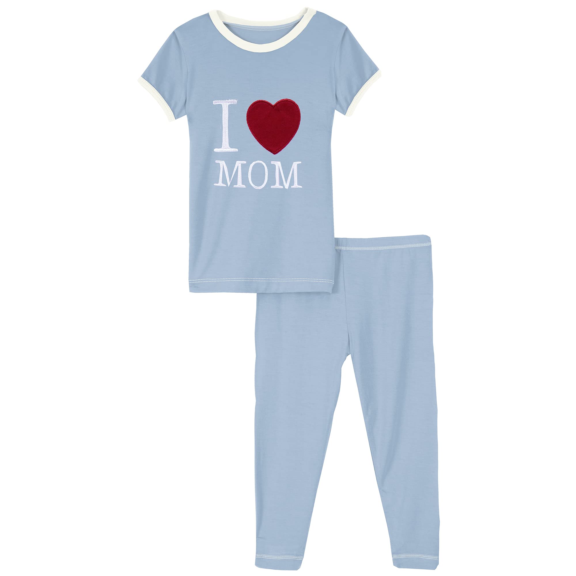 KicKee Two-Piece Applique Pajama Set with Short Sleeves, I Love Mom Kids Pajamas (Pond I Love Mom - 5 Years)