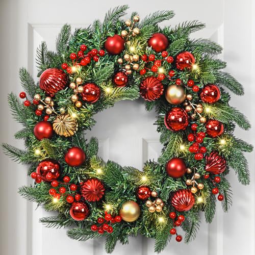 Christmas Wreath with Lights, 20 Inch Christmas Wreaths for Front Door, Large Winter Door Wreath with Ball Ornaments, Berries and Norfolk Pines, Xmas Decor for Indoor Outdoor Wall Windows