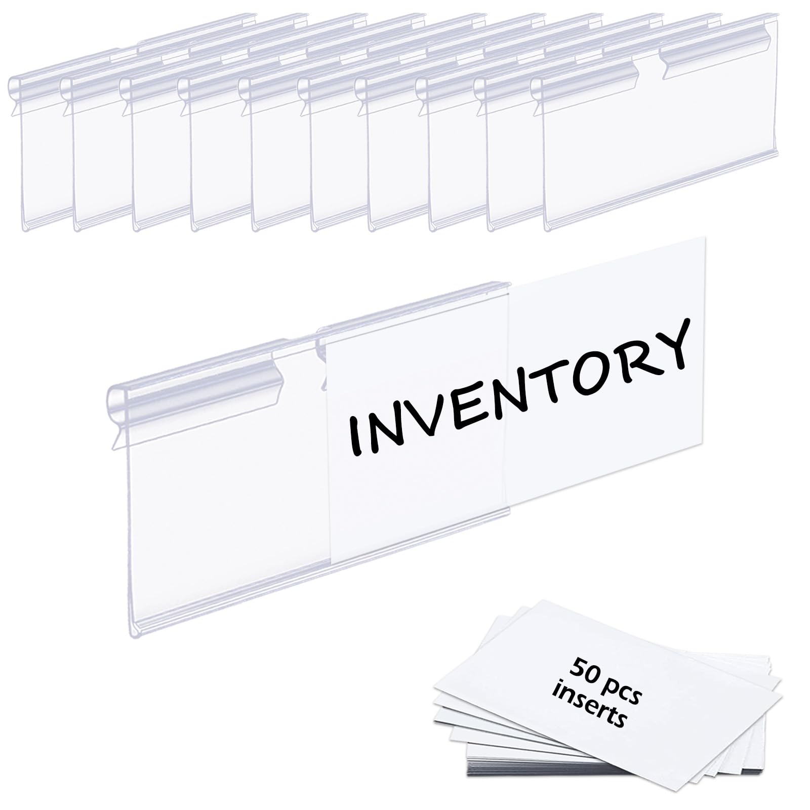 50PCS Basket Bin Labels Clip On,Clear Plastic Wire Shelf Price Tags,Labels for Storage Bins,Merchandise Sign Display Holder,50PCS Paper Inserts
