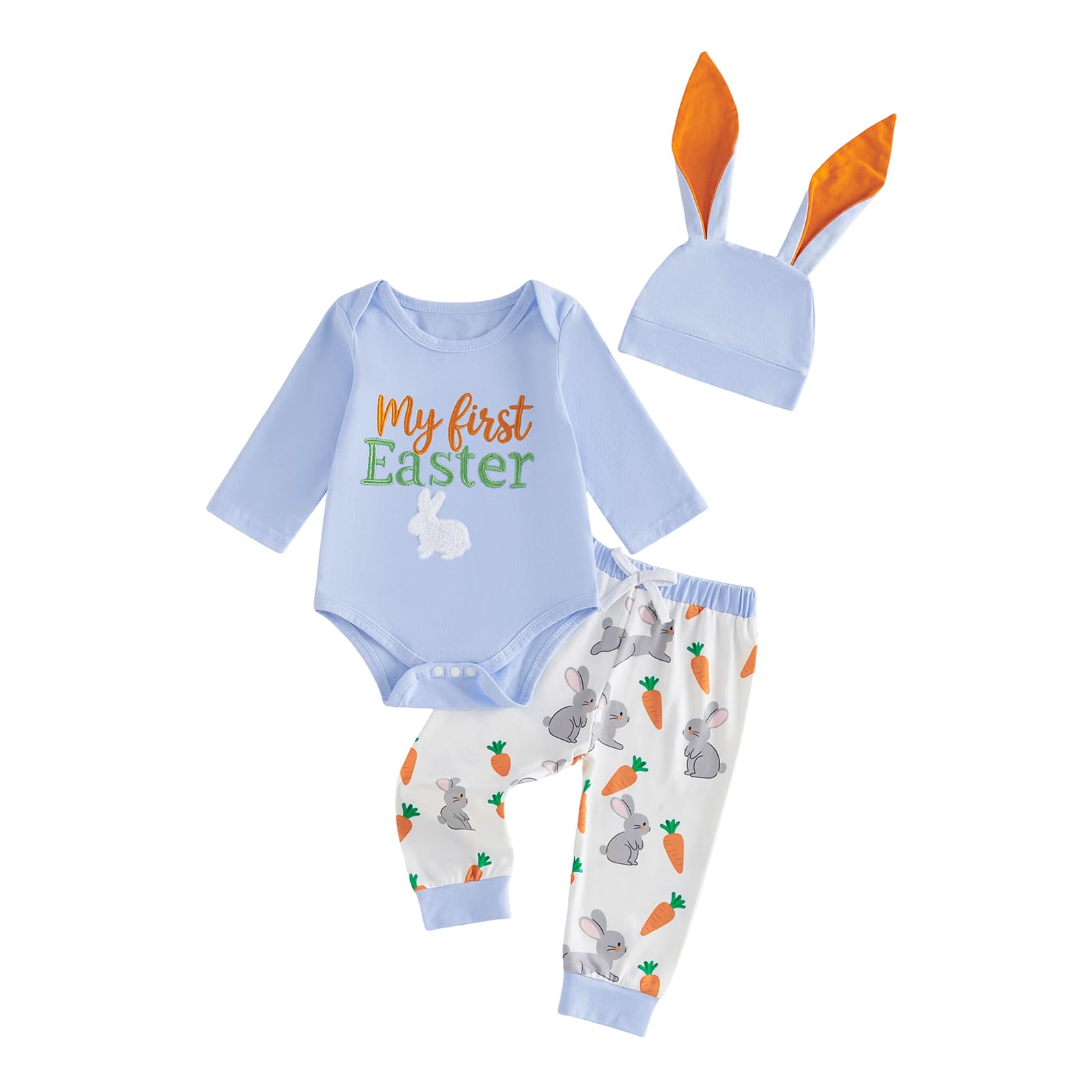 Easter Infant Baby Boy Clothing Sweatshirt Long Sleeve Spring Letter Bunny Embroidery Elastic Romper Outfit Clothes Pants And Hat 3PC Set