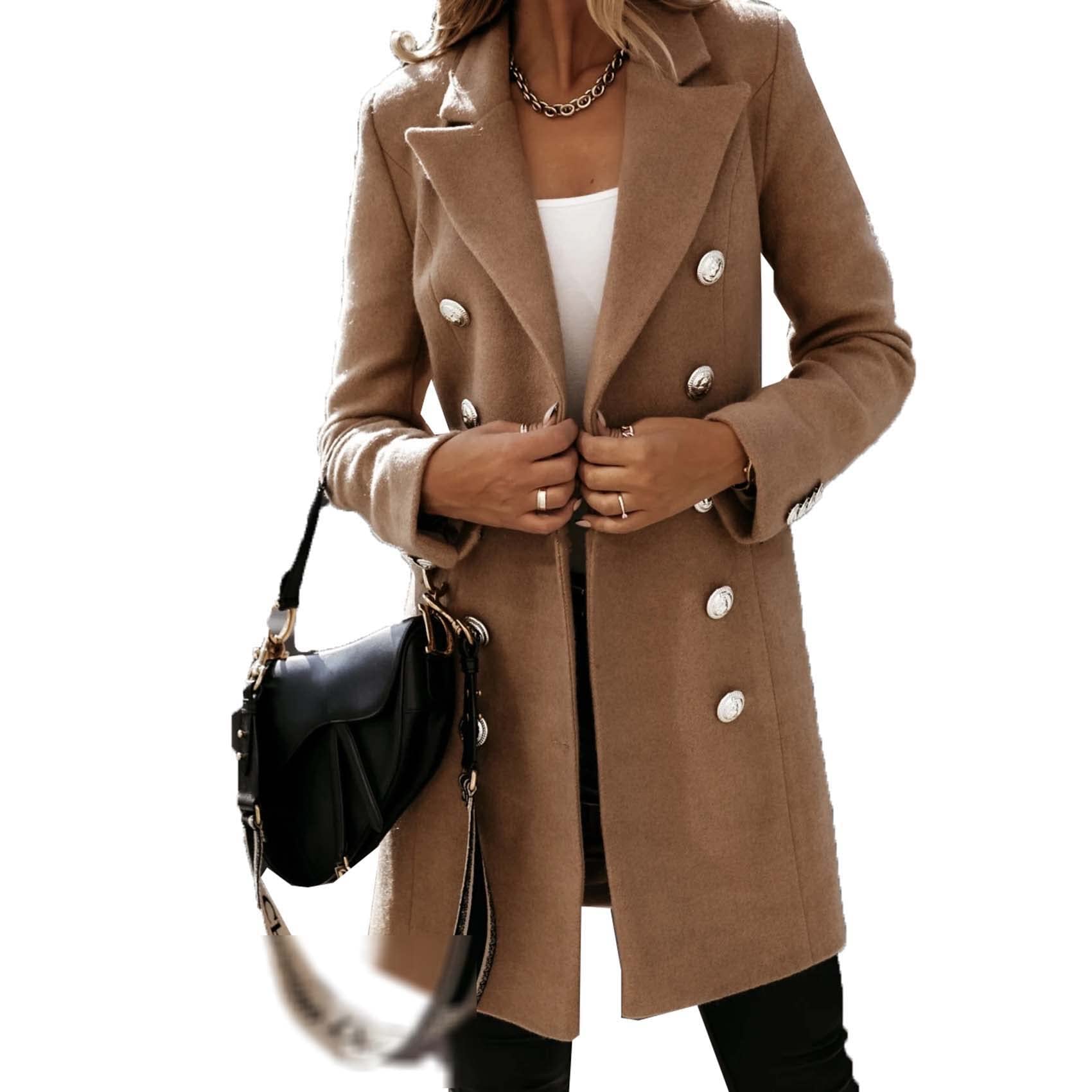 WJANYHN Autumn and Winter Leisure Exquisite Fashion Long-Sleeved Suit Collar Double-Breasted Nizi Jacket Windbreaker Coat Women Khaki