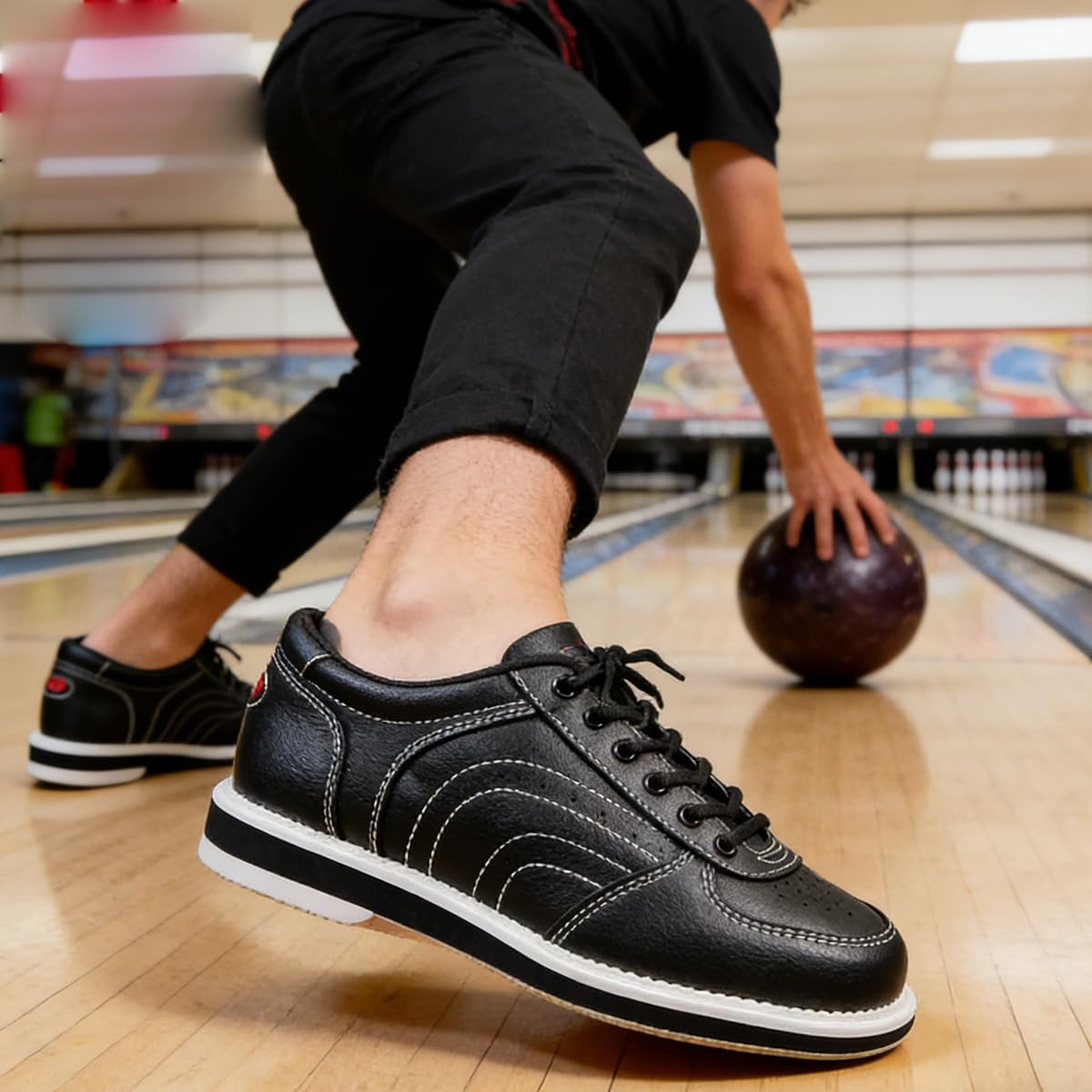 Herren Bowlingschuhe Leder bequemer Leichte Schnürung Bowling Trainingsschuhe rutschfest Atmungsaktiv Mikrofaser Sohle