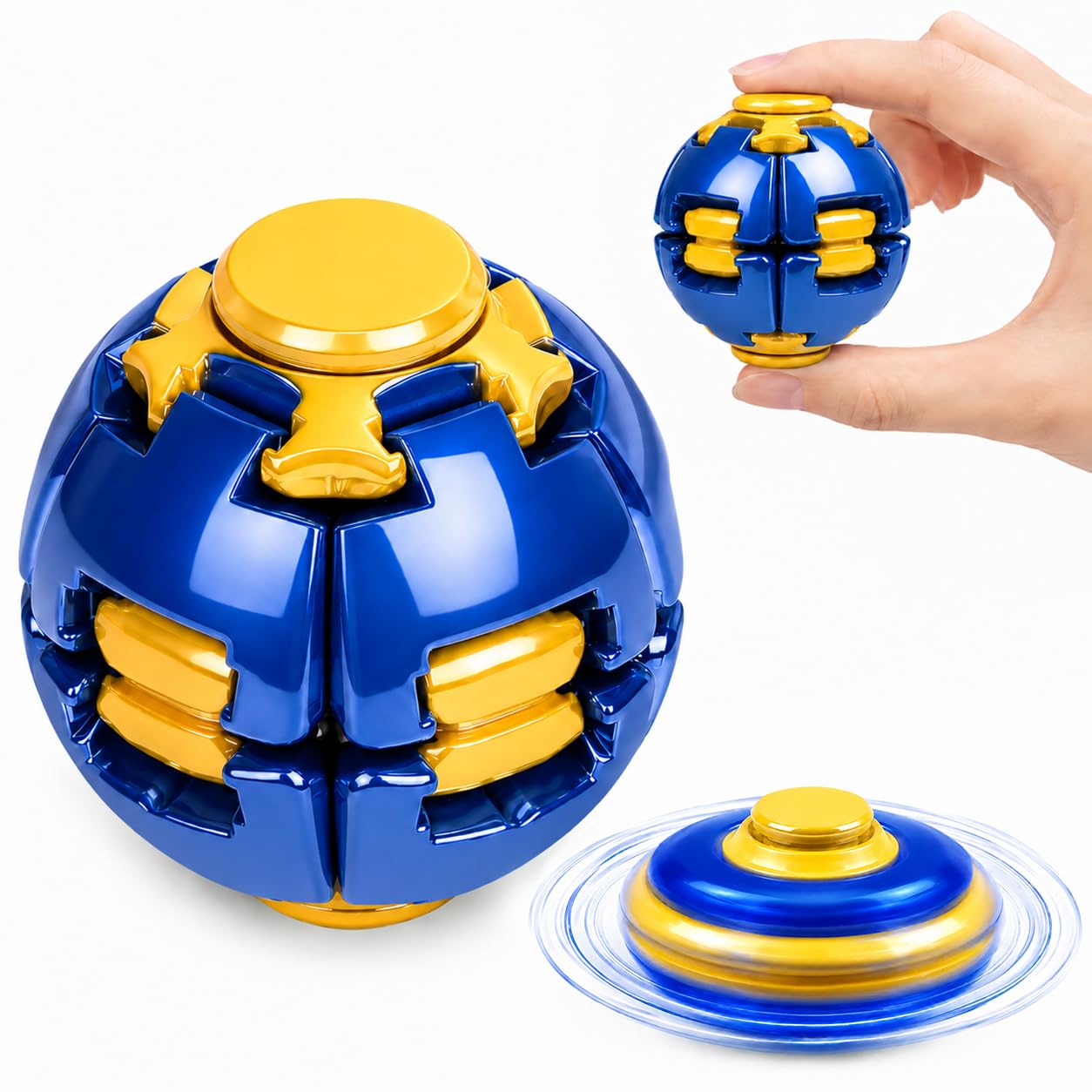 Press to Spin Fidget Ball, Sensory Stress Relief Toy, Blue & Yellow