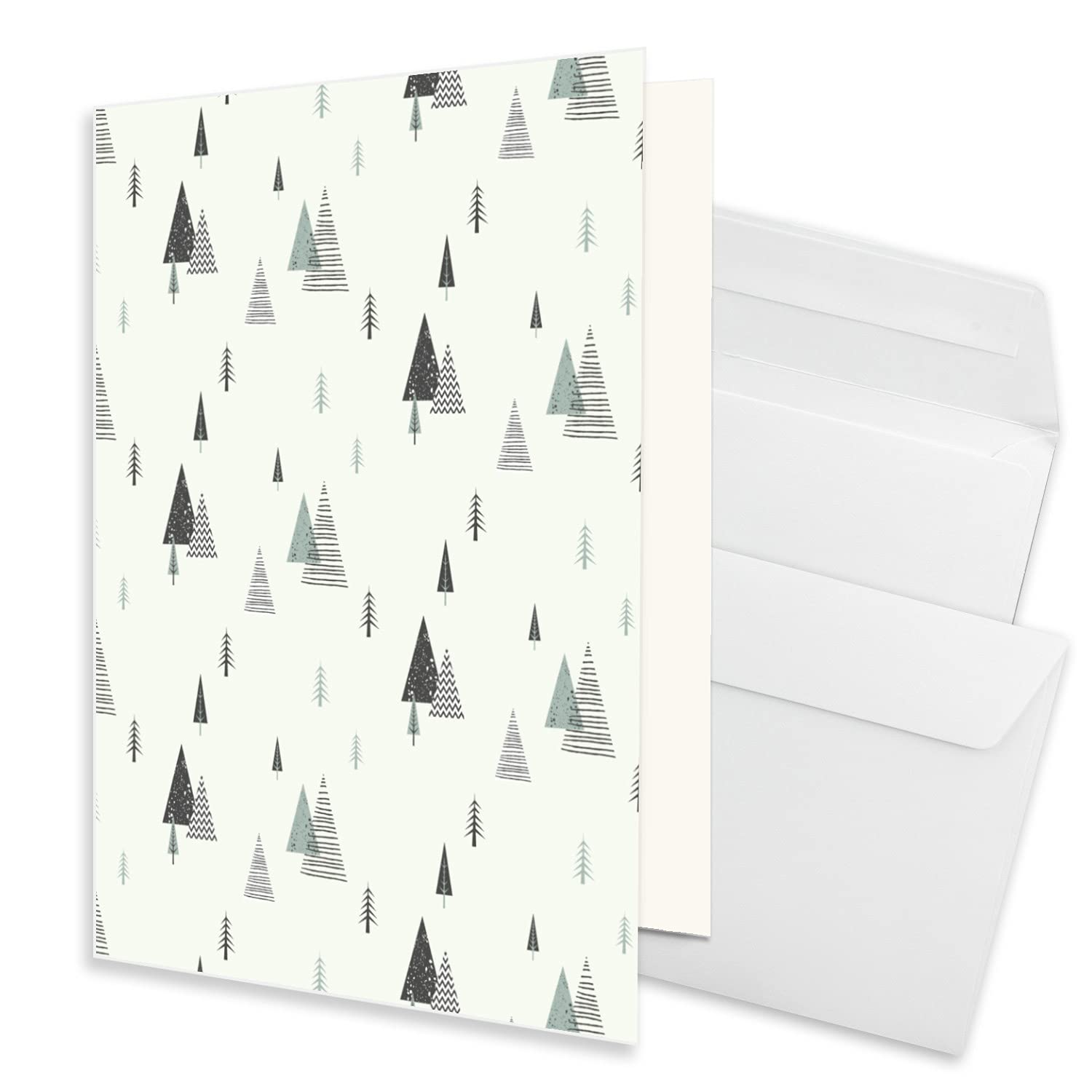 75x Set de tarjetas de Navidad DIN A6 en blanco natural - Motivo: Árboles de Navidad - Tarjetas plegables con sobres blancos a juego con cola adhesiva