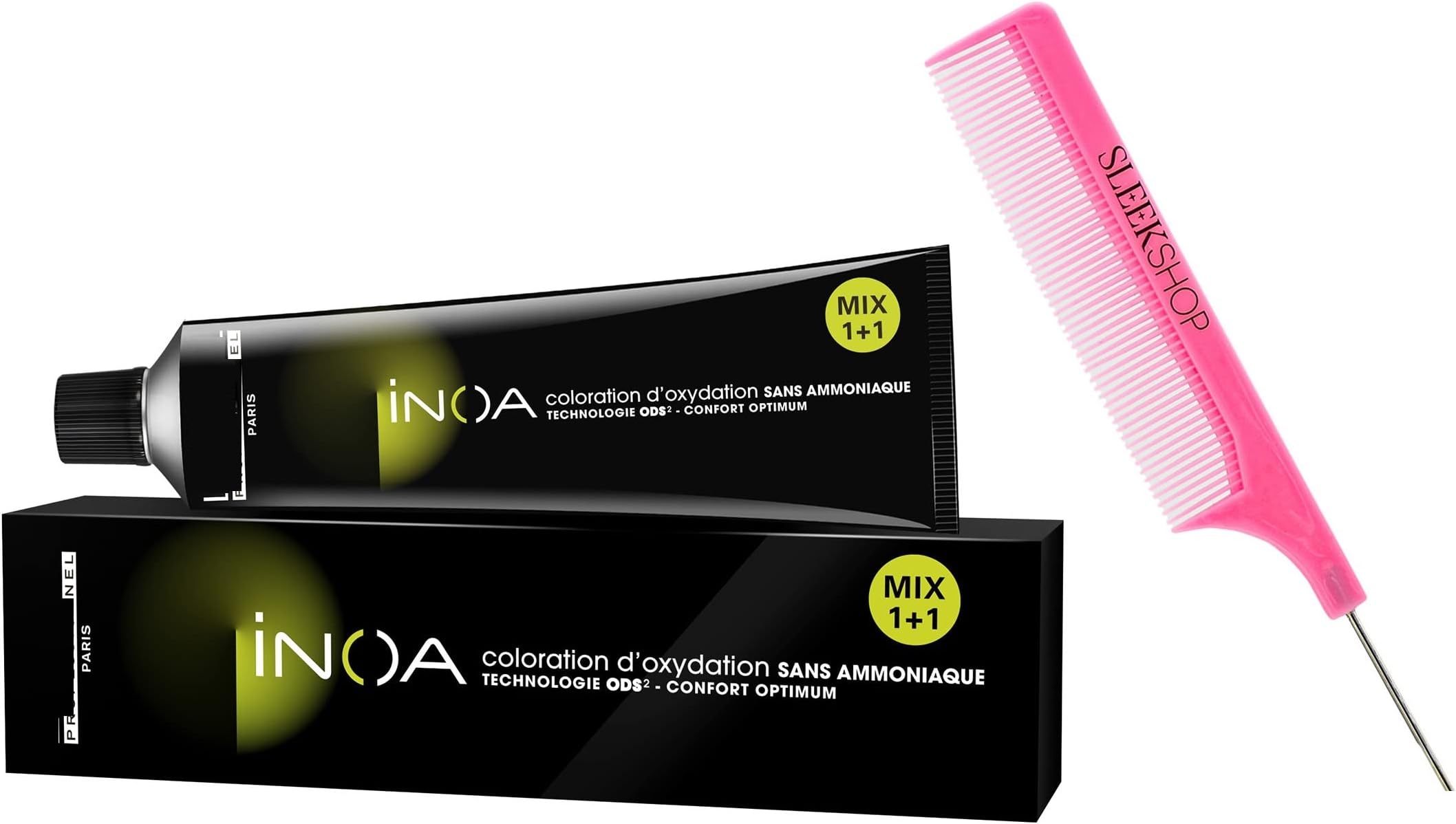 Sleekshop Pink Comb + INOA Ammonia-Free Permanent Hair Color Dye, 100% White/Grey Hair Coverage (w/Argan-Oil Infused PINK Rat Tail Steel Pin Comb) Cream Haircolor Creme (6.1 / Dark Ash Blonde)