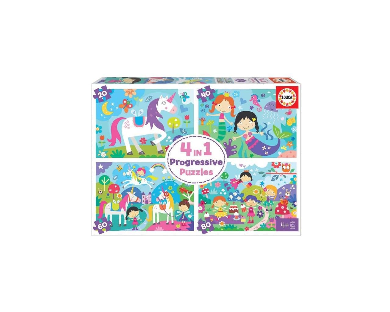 Educa - Kinderpuzzle Fantasiewelten | 4in1 Puzzleset 20/40/60/80 Teile | Fantasie, Progressives Puzzle | ab 4 Jahren (18905)
