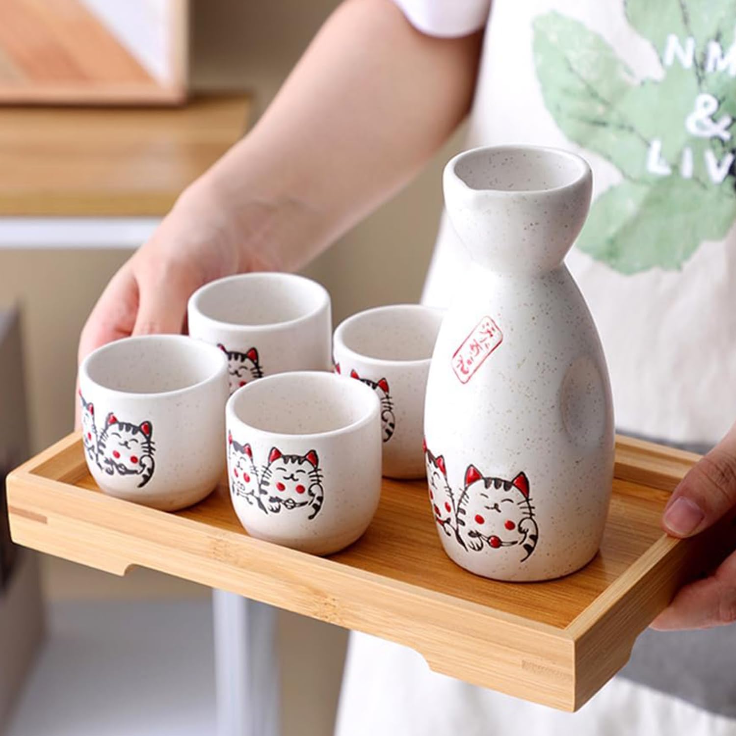 Set di 5 tazze per sake giapponesi e tazze da sakè, design tradizionale dipinto a mano, tazze in ceramica Neko, caraffa da portata in ceramica con gatto portafortuna
