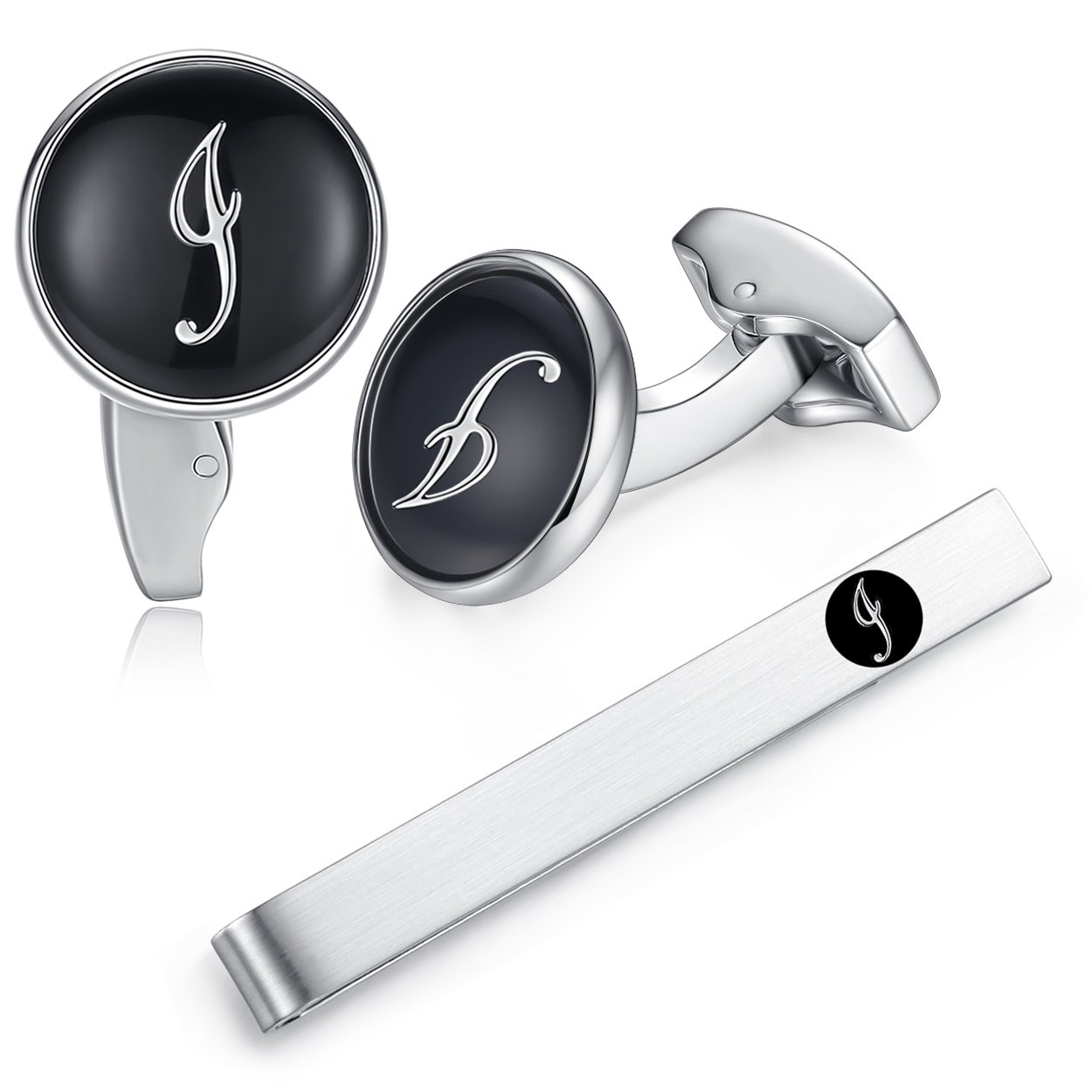 HONEY BEAR Initial Letter Alphabet Cufflinks & Tie Clips Set – Stainless Steel for Wedding Business Gift Men's Shirt Black