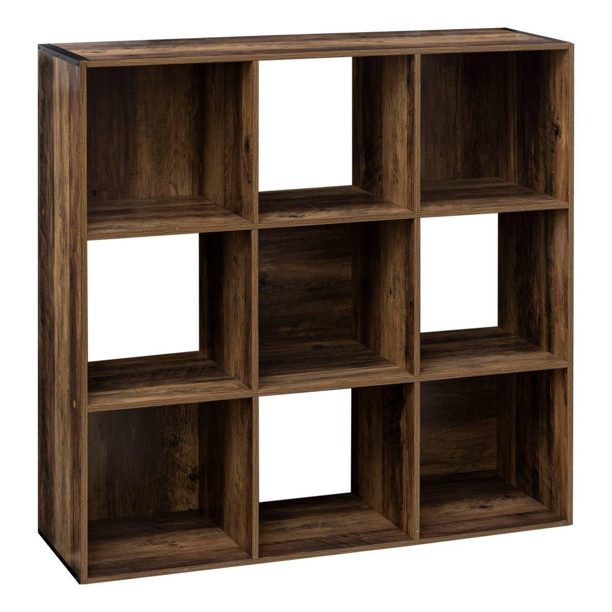 Étagère 9 cases bois foncé robuste au design industriel raffiné pour intérieur moderne