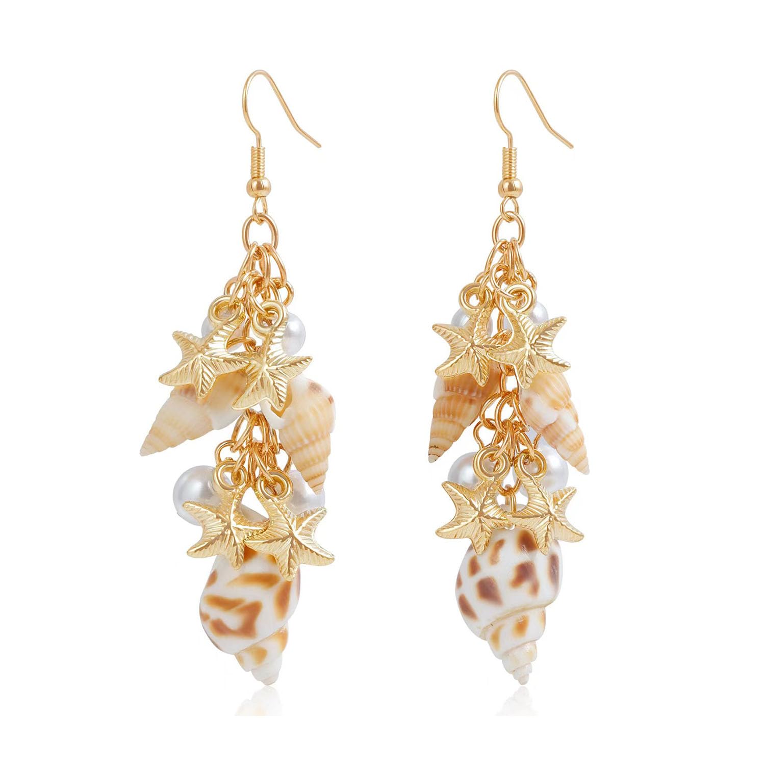 Starfish Earrings for Women Gold Cowrie Shell Conch Earrings Pearl Starfish Dangle Earrings for Women Hawaii Beach Ocean Jewelry (Concho and starfish)