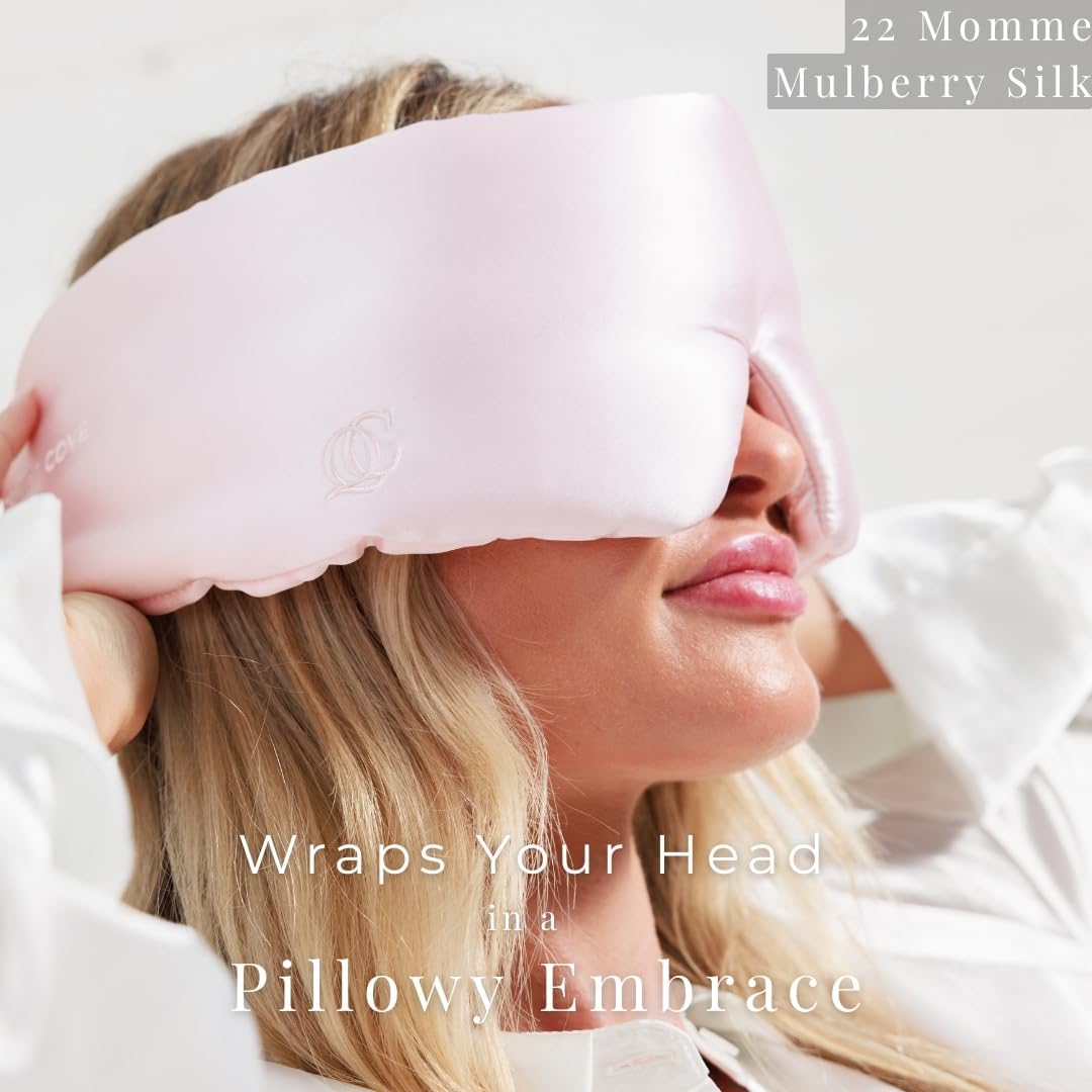QUIET COVE Plush 3D Contoured Silk Sleep Mask - Total Blackout, 100% Silk 22 Momme, Foam Eye Cups Do Not Crush Eyelashes, Luxe Cloud Filling for Side Sleeping Comfort (Prosecco Pink) - Luxury Gift Box