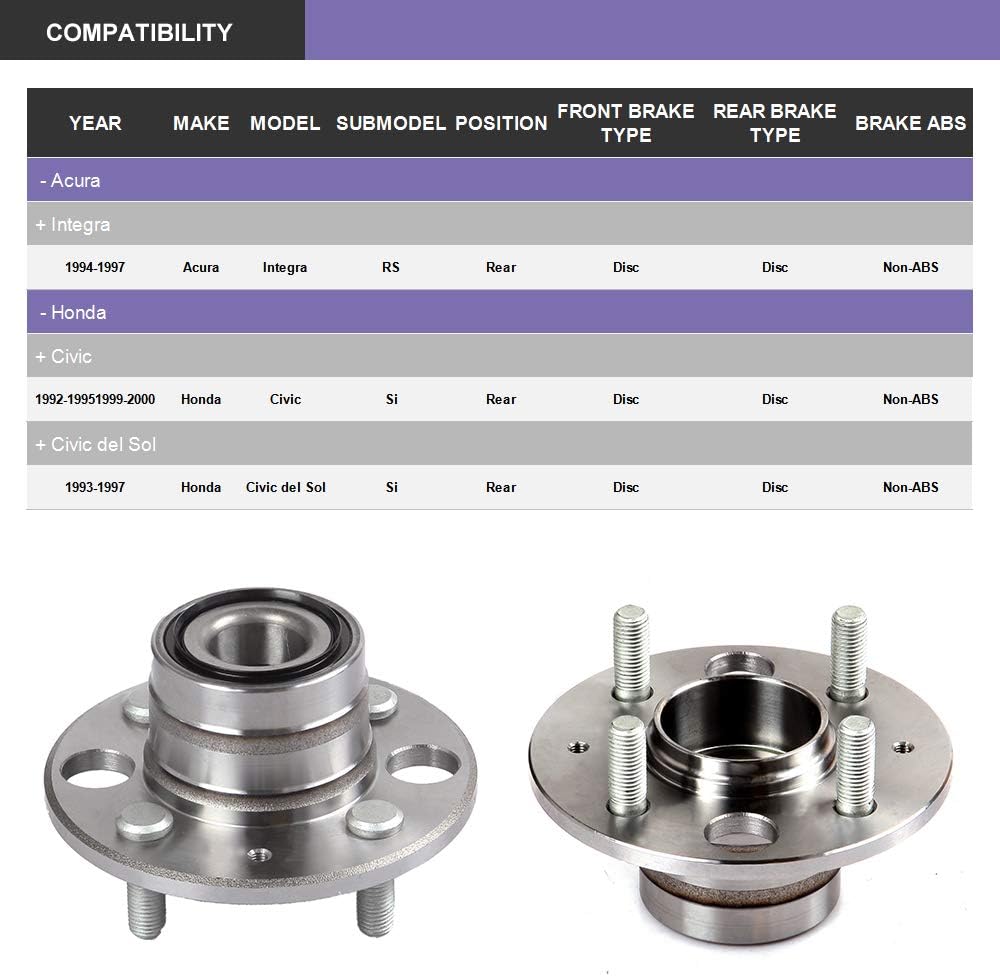 512034 Wheel Axle Bearing and Hub Assembly for Acura Integra for Chevy Aveo for Dodge Neon for Honda Civic for Mazda Miata for TOYOTA Celica Corolla Echo Rear 4 Lugs Non ABS (2 PCS)