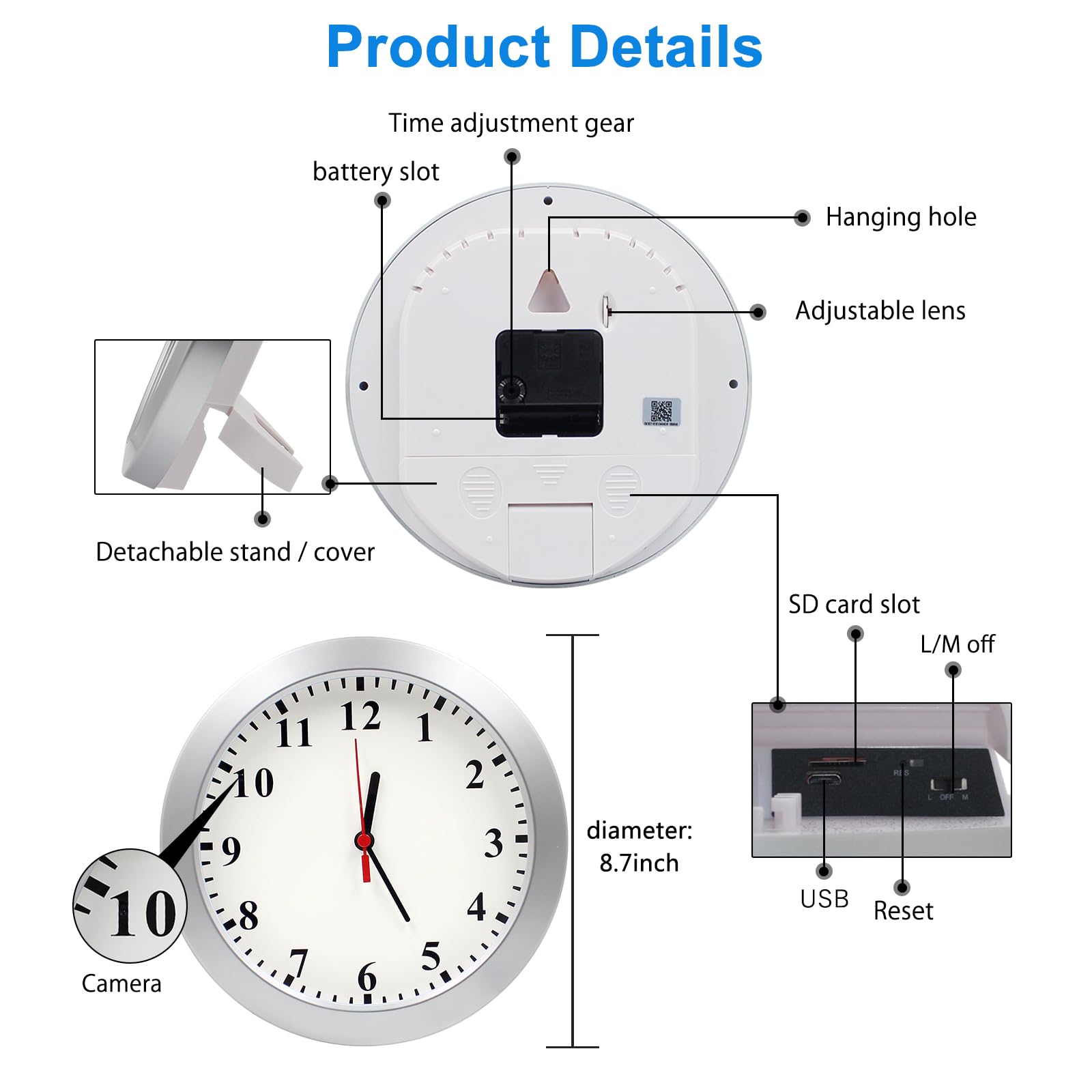 Horloge murale avec caméra espion, enregistreur vidéo HD1080P, caméras cachées, enregistrement en boucle, détection de mouvement, caméra de surveillance pour bureau à domicile, sans WiFi