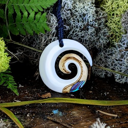 Hand Carved Koru Real Bone Pendant with Genuine Abalone Shell - Black Cord Hawaii Necklace - Maori Style Jewelry - Round Spiral Swirl Surfer Necklace for Men - Natural Accessories4