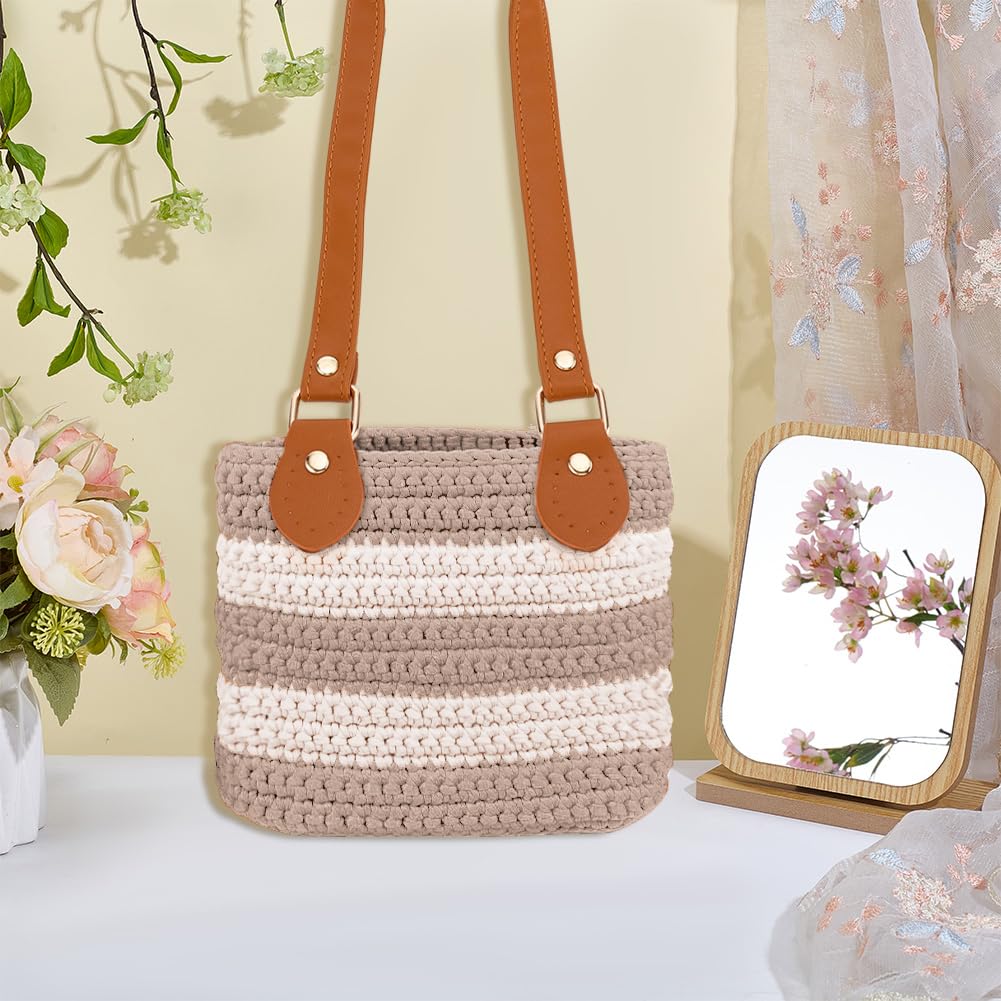 ORIGACH DIY Häkel-Handtaschen-Set für Anfänger, gestreifte Häkel-Tragetasche mit PU-Lederband und -boden, inklusive Garn, Häkelnadeln, Markern und englischer Anleitung, Farbe Milchtee