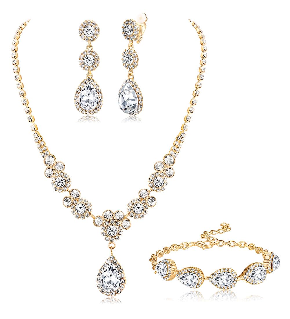 Jstyle Rhinestone Bridal Jewelry Set Necklace Bracelet Clip On Earrings for Brides Bridesmaid Cluster Crystal Teardrop Pendants Jewelry Set for Wedding Prom