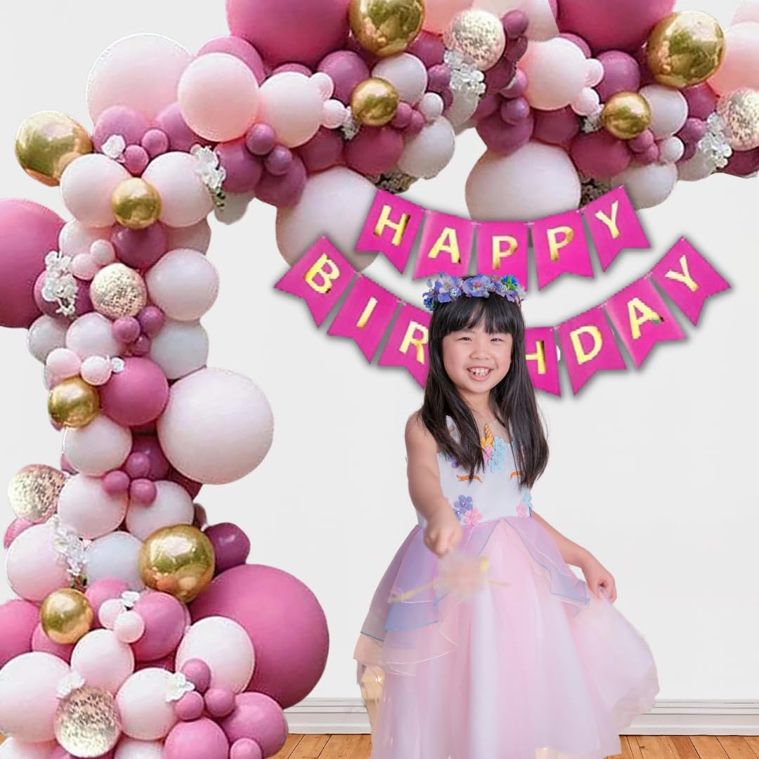 Gold & Pink Birthday Decoration Pack, 50 Multicolour Balloons, Paper Banner, Girls Party Theme (Pink Birthday Design 2 Decoration 2)