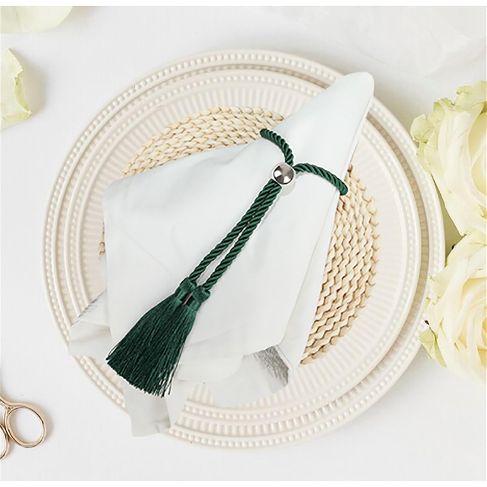 Portatovaglioli con perline, 12 pezzi, anelli portatovaglioli fatti a mano, con nappa, per riunioni di famiglia, matrimoni, feste, decorazione da tavolo, accessori (verde nerastro)