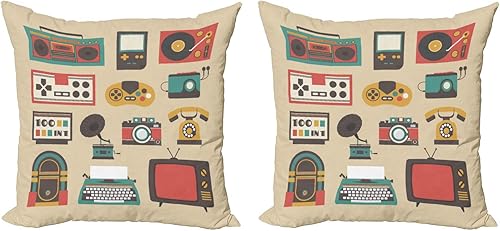 Lunarable Retro Throw Pillow Cushion Cover Pack of 2, Arrangement of Old Fashion Entertainment Devices Gameboy Walkman Radio Illustration, Zippered