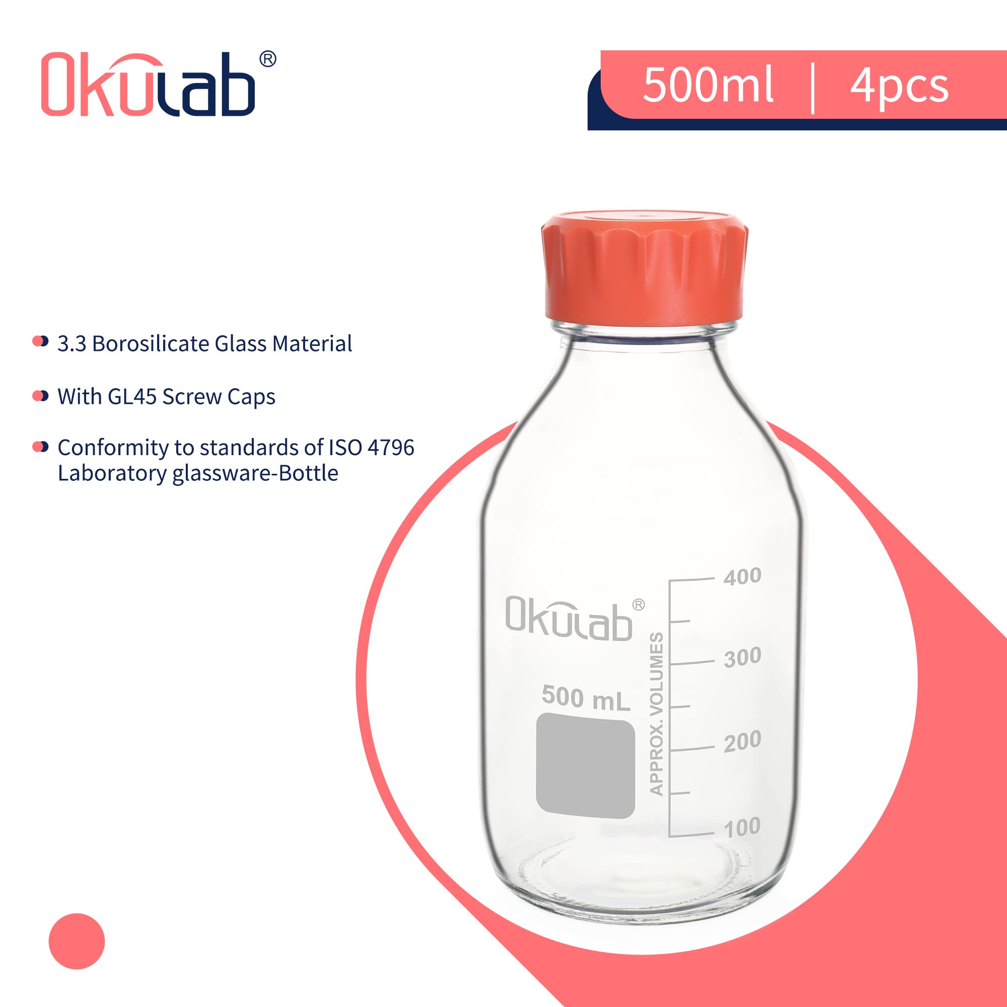4 botellas redondas de almacenamiento de medios de 500 ml, vidrio de borosilicato 3.3, con tapas de rosca GL45 en material de polipropileno, GL45RB500A4