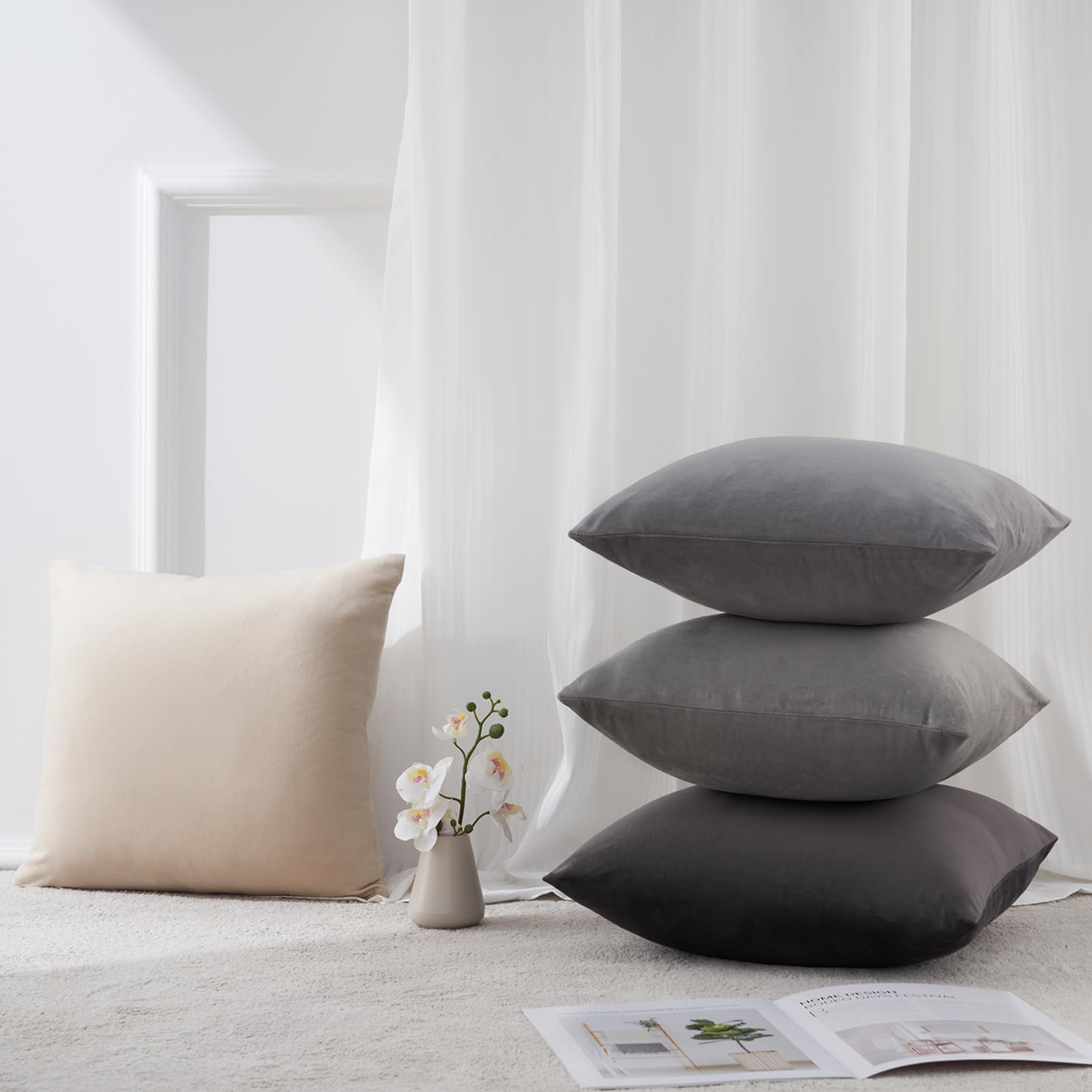 Topfinel 4 Pezzi Copricuscini Divano 45x45 Decorativo Casa Giallo Velluto Copricuscini per Cucina Sedia Soggiorno Letto Giardino Camera da letto Copricuscini Serie Moderna Grigio