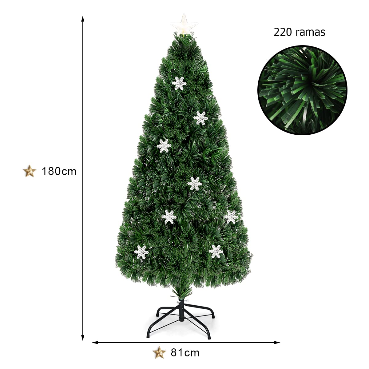 GOPLUS Árbol de Navidad Artificial de 180cm con Copos de Nieve | Árbol de Abeto con Fibra Óptica LED, Decoración Navideña y Soporte de Metal