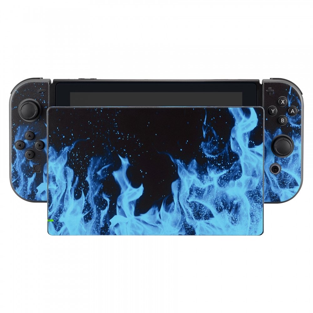 eXtremeRate Full Set Faceplate Skin Decal Stickers for Nintendo Switch with 2Pcs Screen Protector (Console & joy con & Dock & Grip) - Blue Flame — view 4