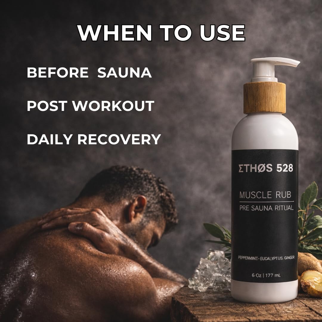 Sauna Lotion for Muscle Recovery & Relaxation – Cooling Menthol Muscle Rub – Fast-Absorbing Natural Lotion for Infrared & Traditional Sauna, Post Workout & Deep Tissue Relief – ETHØS 528