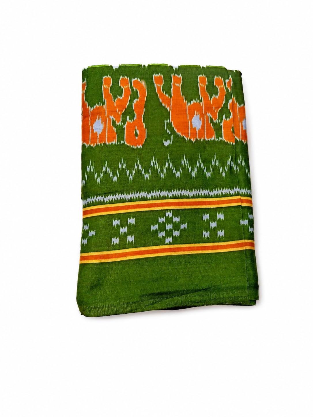 Sambalpuri Handloom Ikat Cotton Dhoti, Green and Orange, Elephant Motif, Diamond Pattern, Traditional Ethnic Wear, 5+2.5m-picture-24