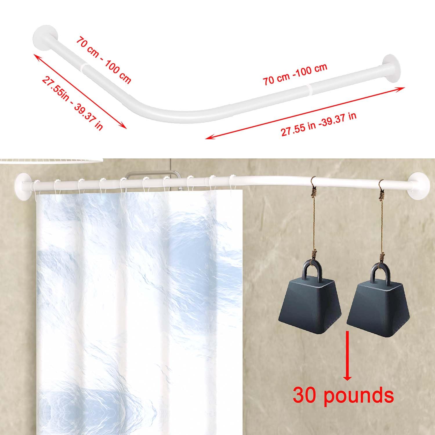 Tanxih Corner Shower Curtain Rod Adjustable Stainless Steel L Shaped Rack Drill Free Install for Bathroom, Bathtub, Clothing Store (White 27